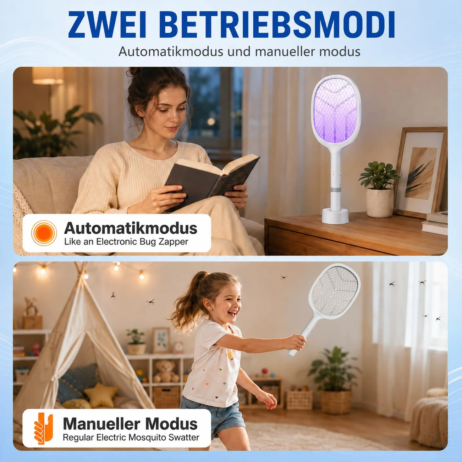 Raquette Electrique Insectes 4800V Tapette Moustique avec Piège Lumière UV Rechargeable USB 2000mAh Blanc