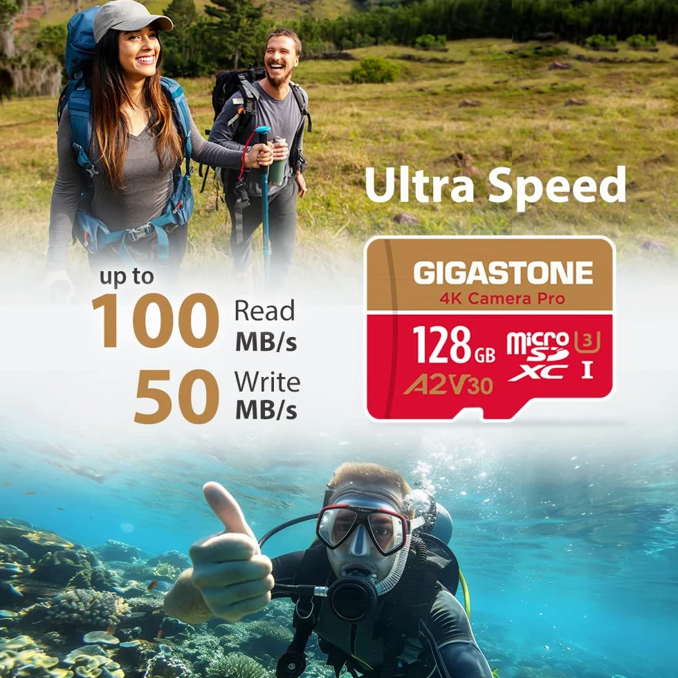 Gigastone Carte Micro SD 128 Go microSDXC UHS-I U3 A2 V30 C10 100/50 Mo/s