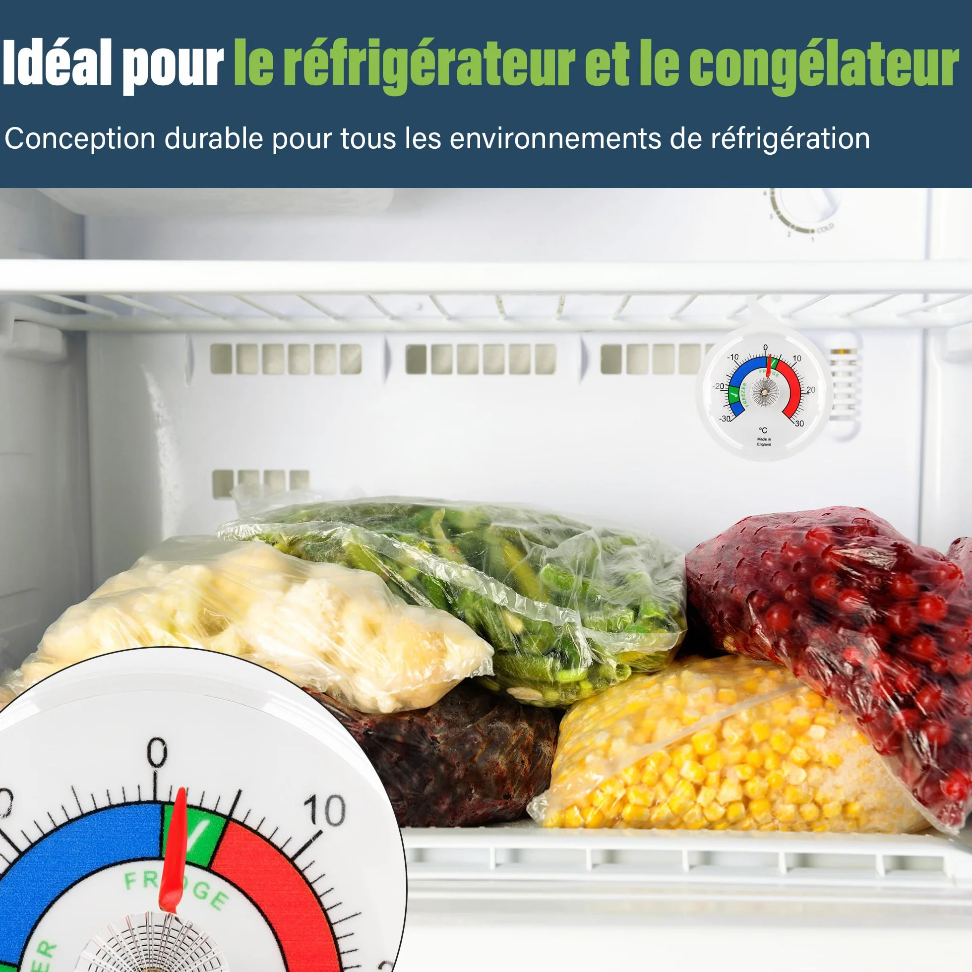 Lot de 2 thermomètres de réfrigérateur à cadran 65 mm zones colorées