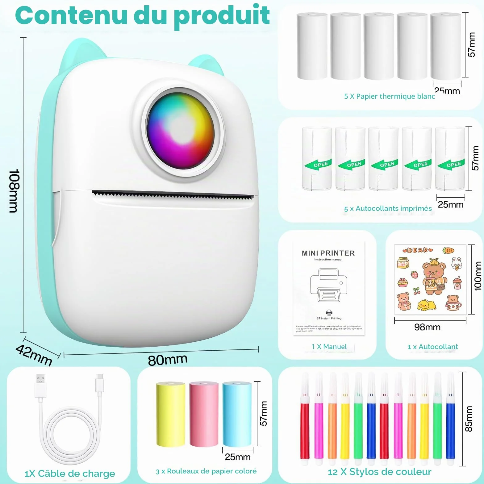 Mini Imprimante Thermique Portable Bluetooth sans Encre iOS Android Bleu