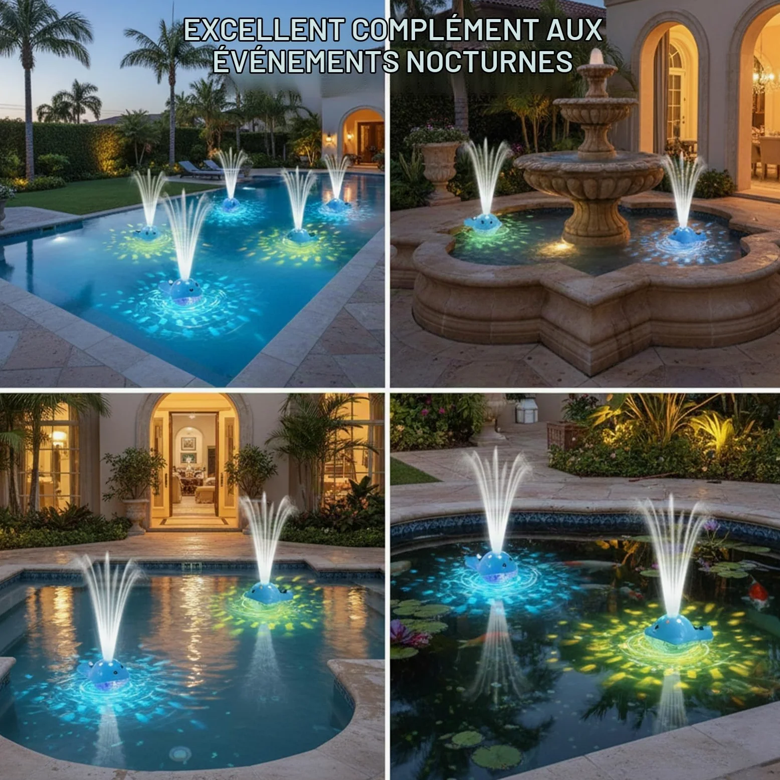 Fontaine pour Piscine avec Lumières, Éclairage Flottant avec Télécommande, 12 Modes Couleur, 2 Réglages Jet, Rechargeable – pour Bassins Hors Sol Et Enterrés