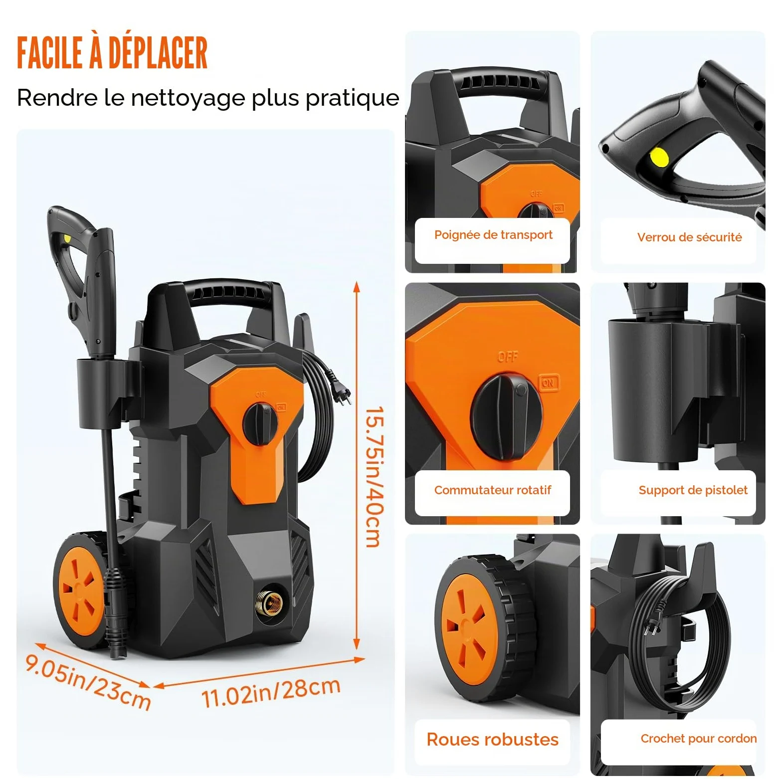 Nettoyeur Haute Pression, Max. 140 Bar, Puissance 1600 W, Débit de 420 l/h, avec Buse Réglable, Pistolet, 8M Tuyau, 2M câble, Pot en Mousse pour Voiture Terrasse Jardin Irrigation