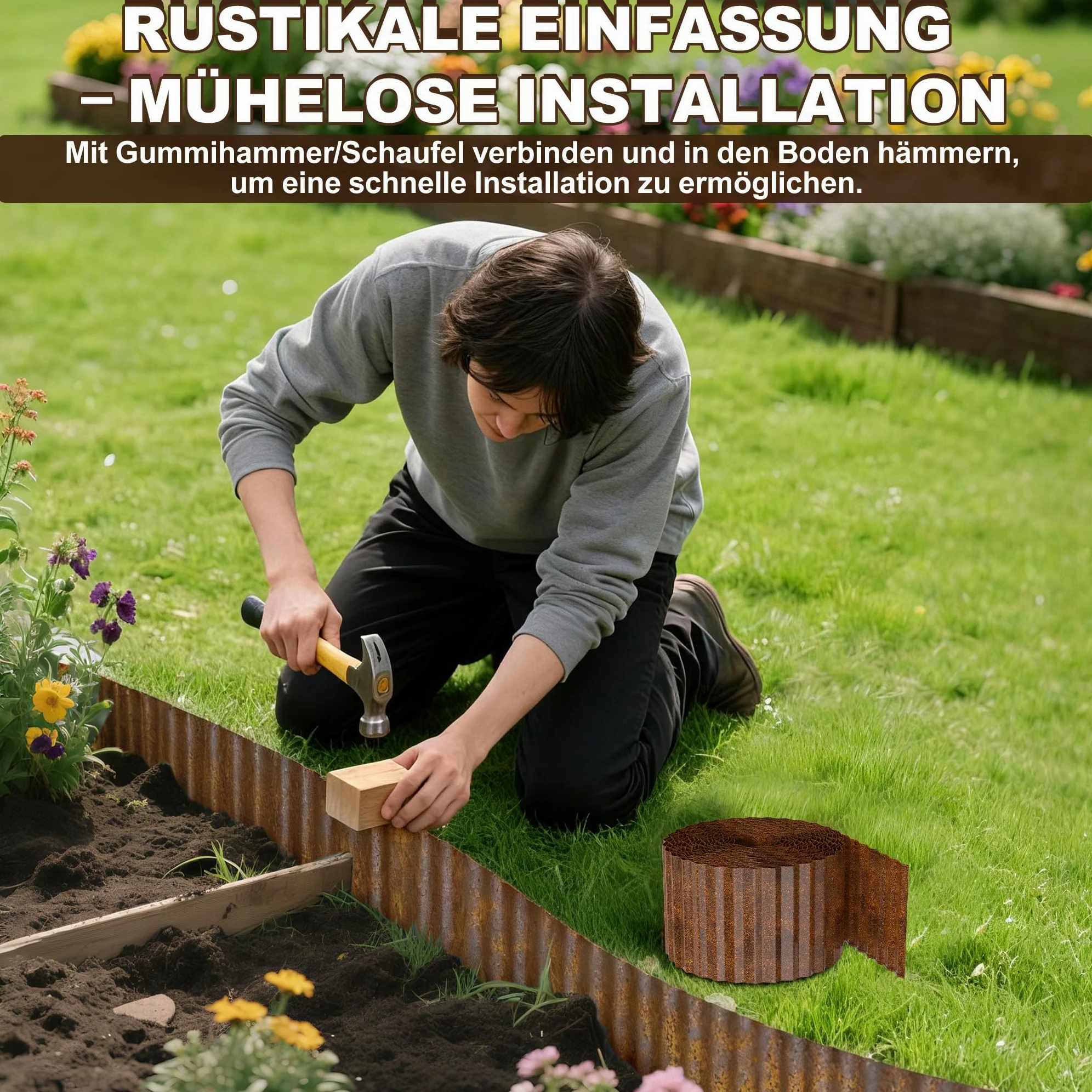Aufun Bordure de pelouse en métal - 10 m - En forme de vague - 18 cm de haut - Idéale pour la délimitation de pelouse et de parterres - Inoxydable et durable - Flexible pour les amateurs de jardin et