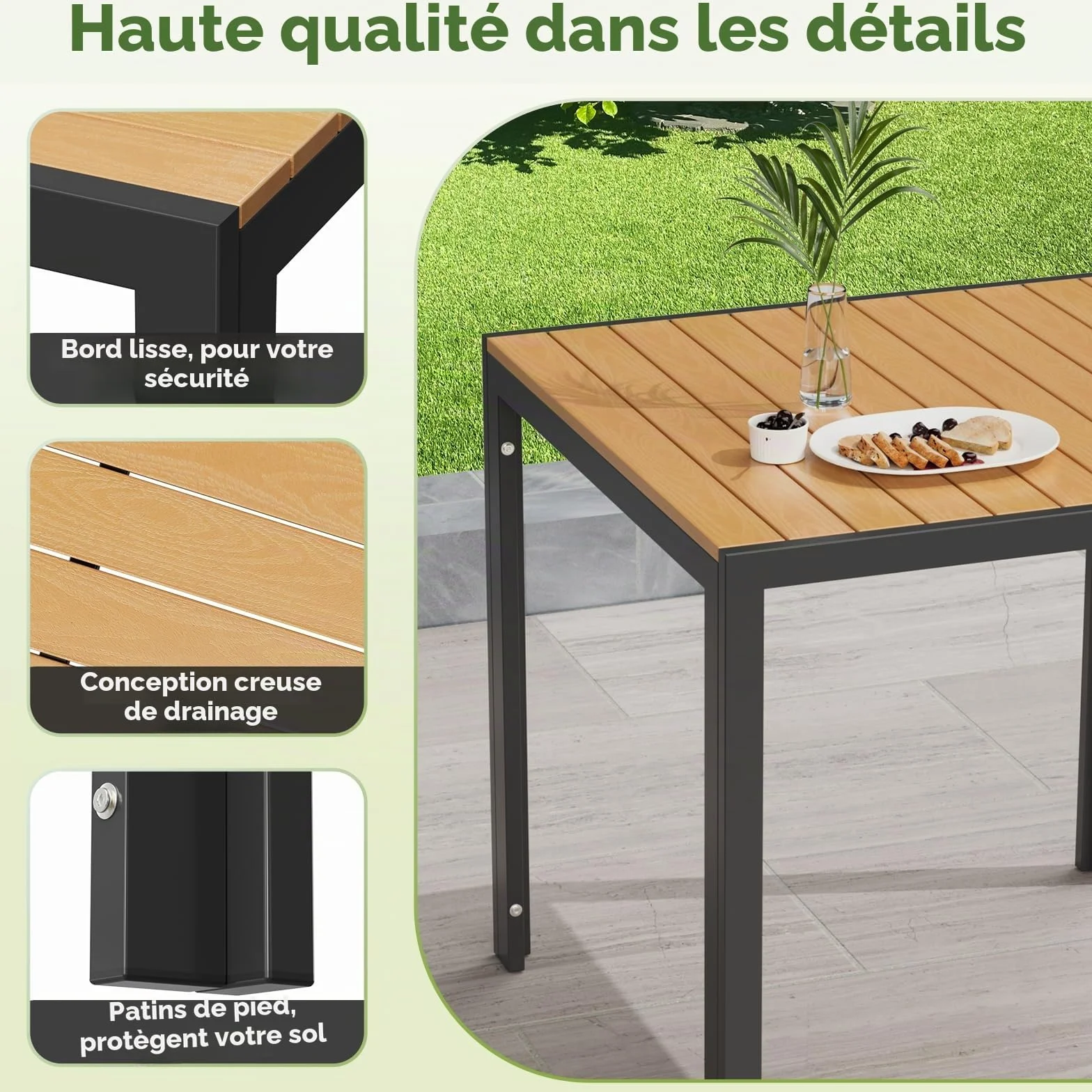 LIFERUN Table de jardin aluminium WPC 75x75 cm résistante aux intempéries Noir