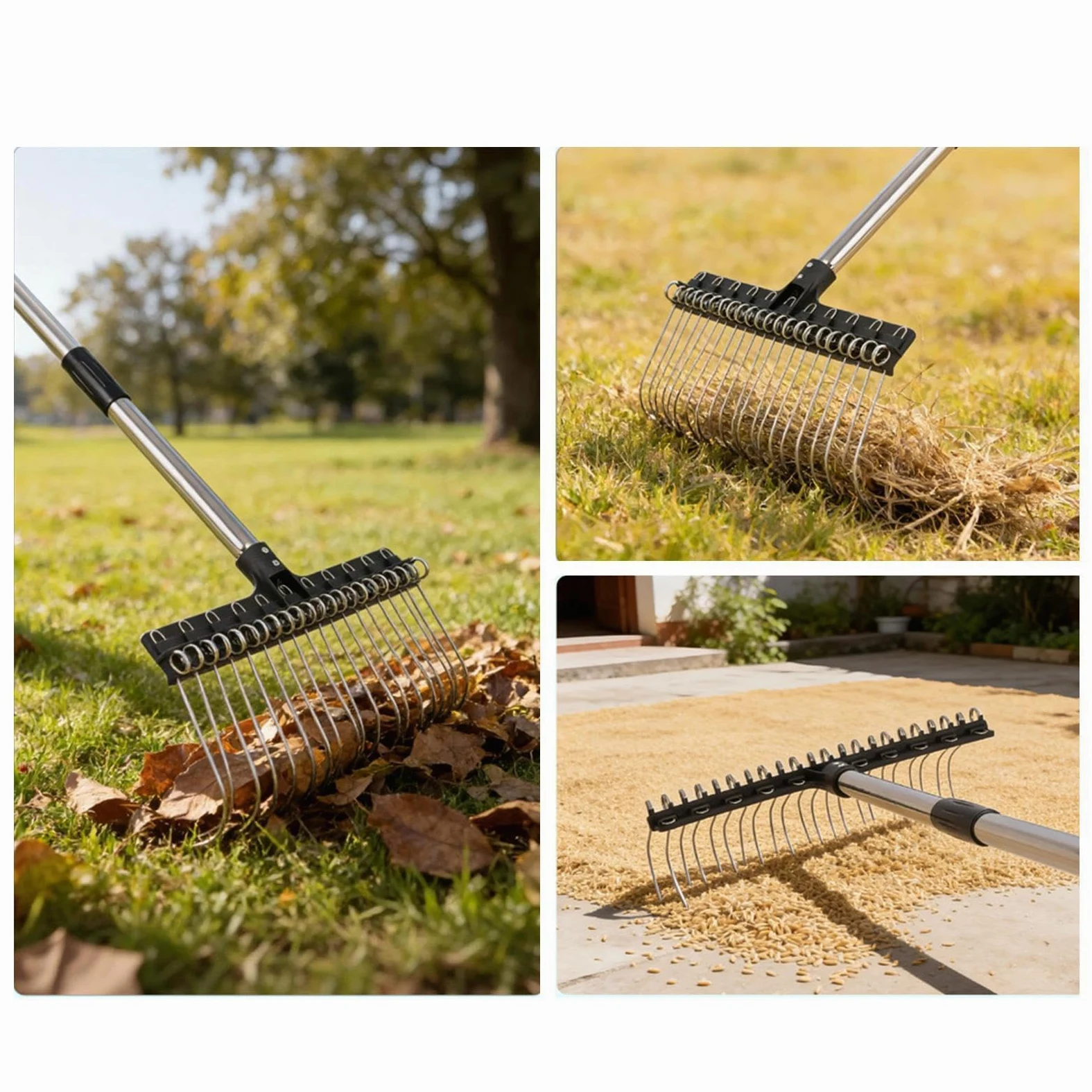 Râteau de jardin Dents En Acier Larges Manche Long Réglable De 98 À 160 Cm | Râteau de Jardin Robuste pour feuilles jardinage cour pelouse arbustes paillis débris aiguilles de pin ramassage et net