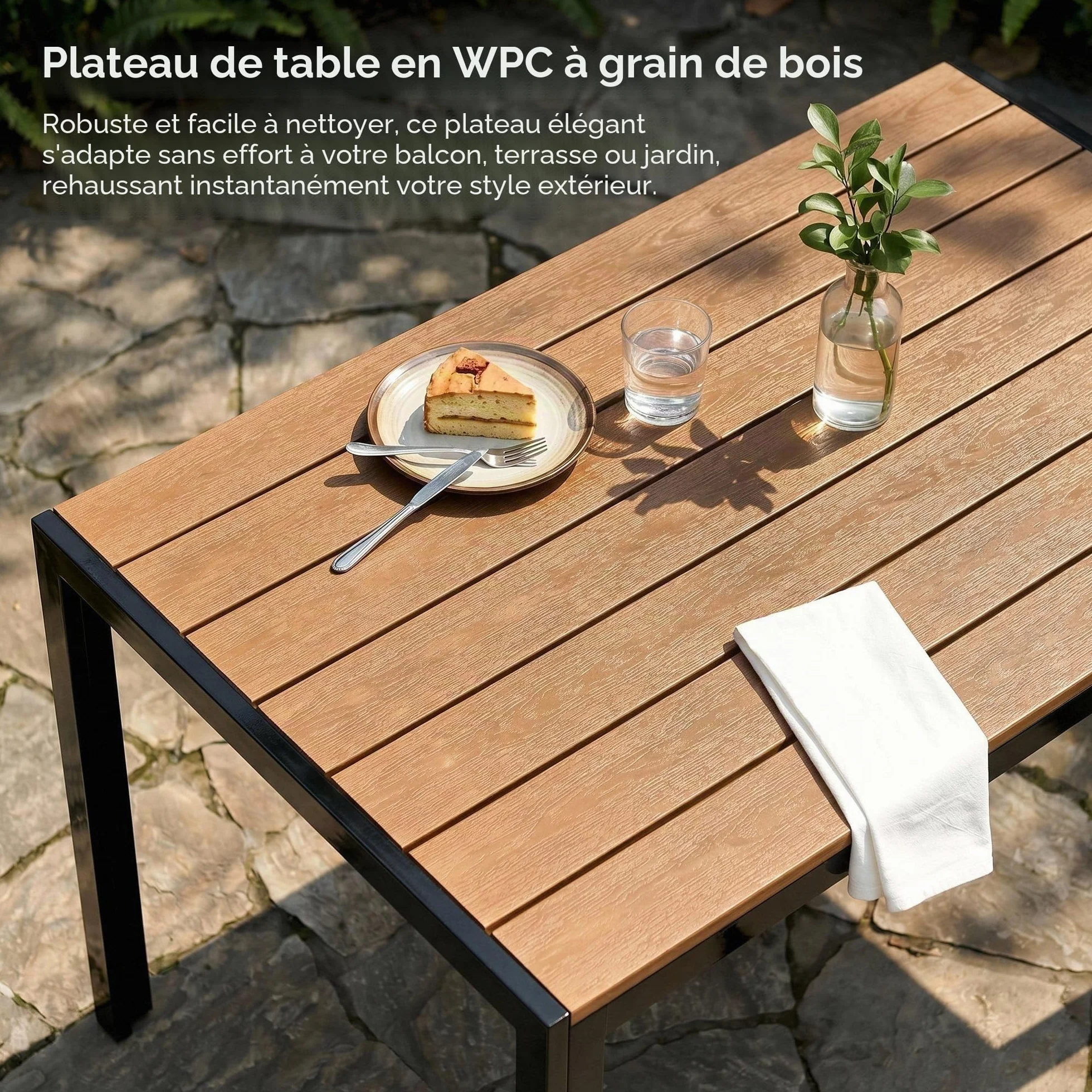LIFERUN Table de Jardin 110x70 cm WPC pour 4-6 Personnes avec Cadre en Aluminium Brun Teck