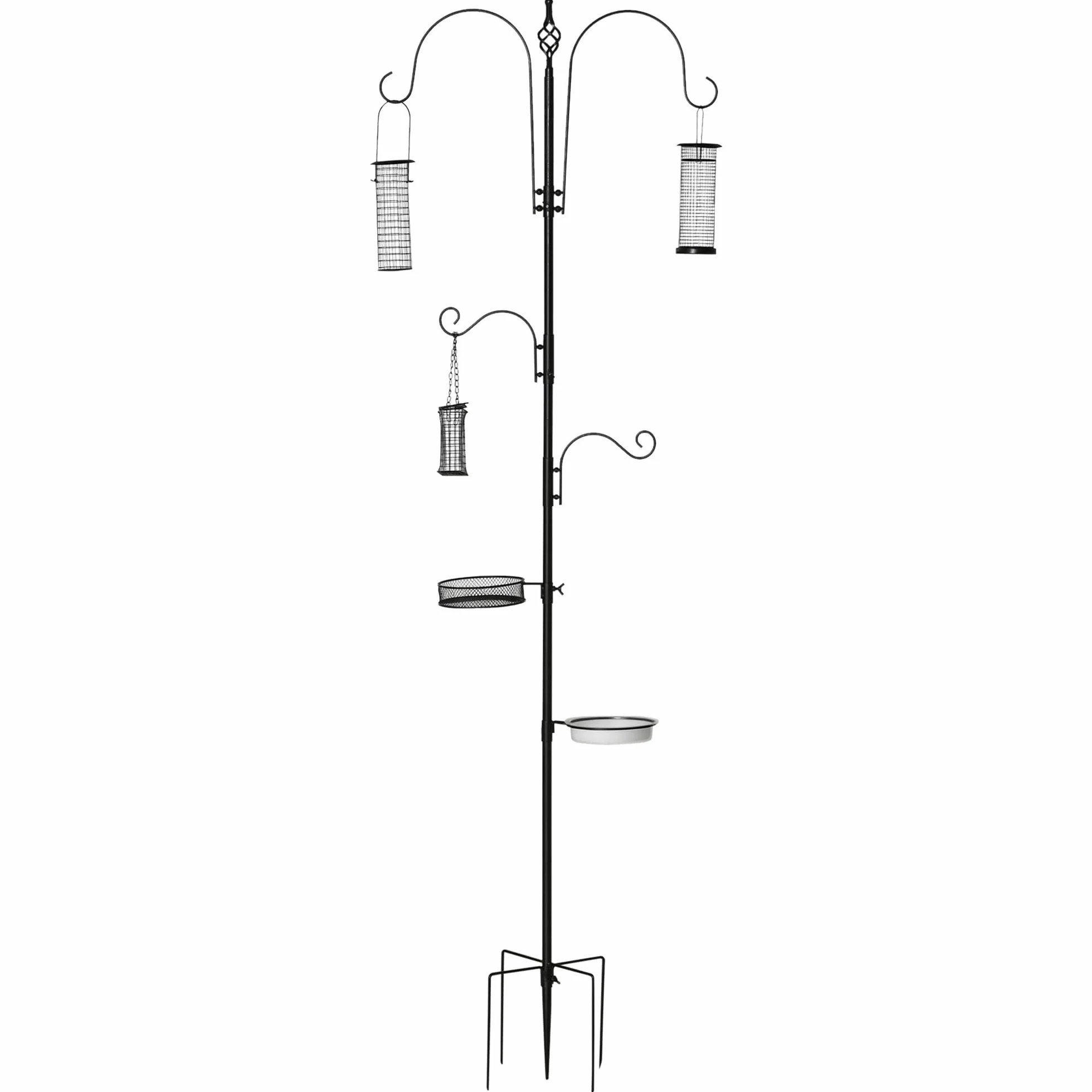 PawHut Station d'alimentation pour Oiseaux en Acier avec 4 Crochets, Mangeoir sur Pied 208H cm, Noir
