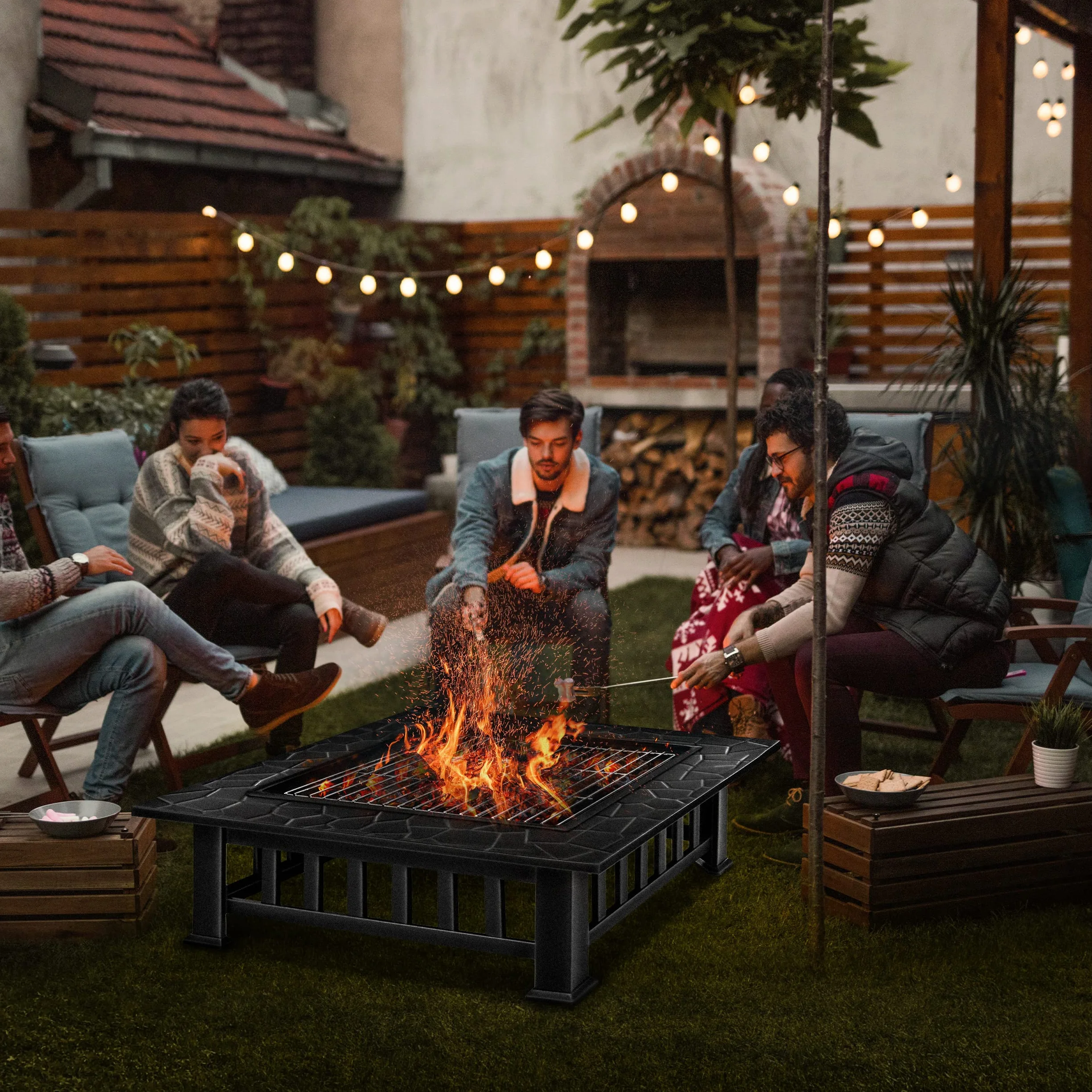 Tillvex Brasero Extérieur BBQ Jardin Terrasse Chauffage Gril Charbon Couvercle Feu Barbecue Tisonnier