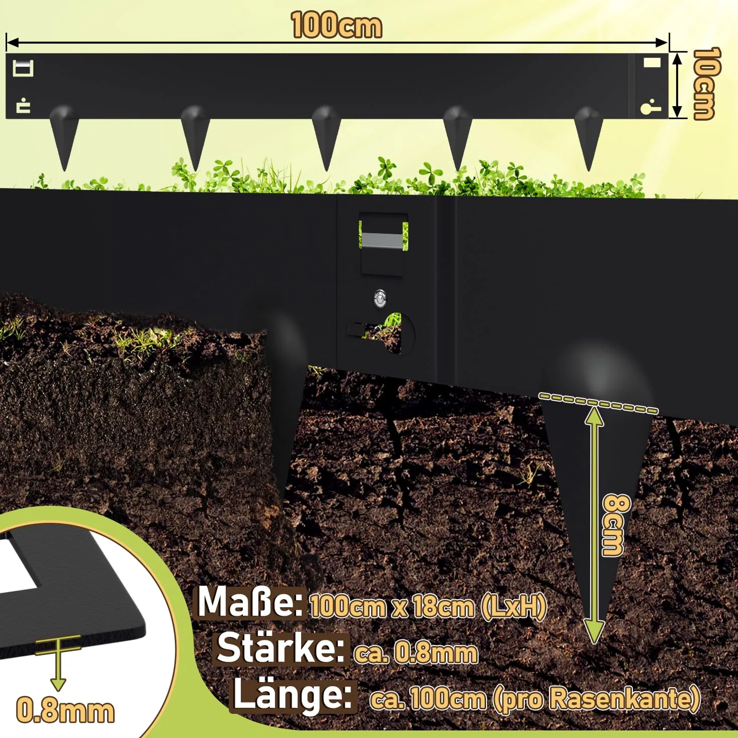 Bordure de pelouse en métal - 100 x 18 cm - Tour de lit avec épines - Flexible et déformable - Tour de lit pour cour, jardin, ferme - Noir (longueur 5 m - Hauteur 18 cm)