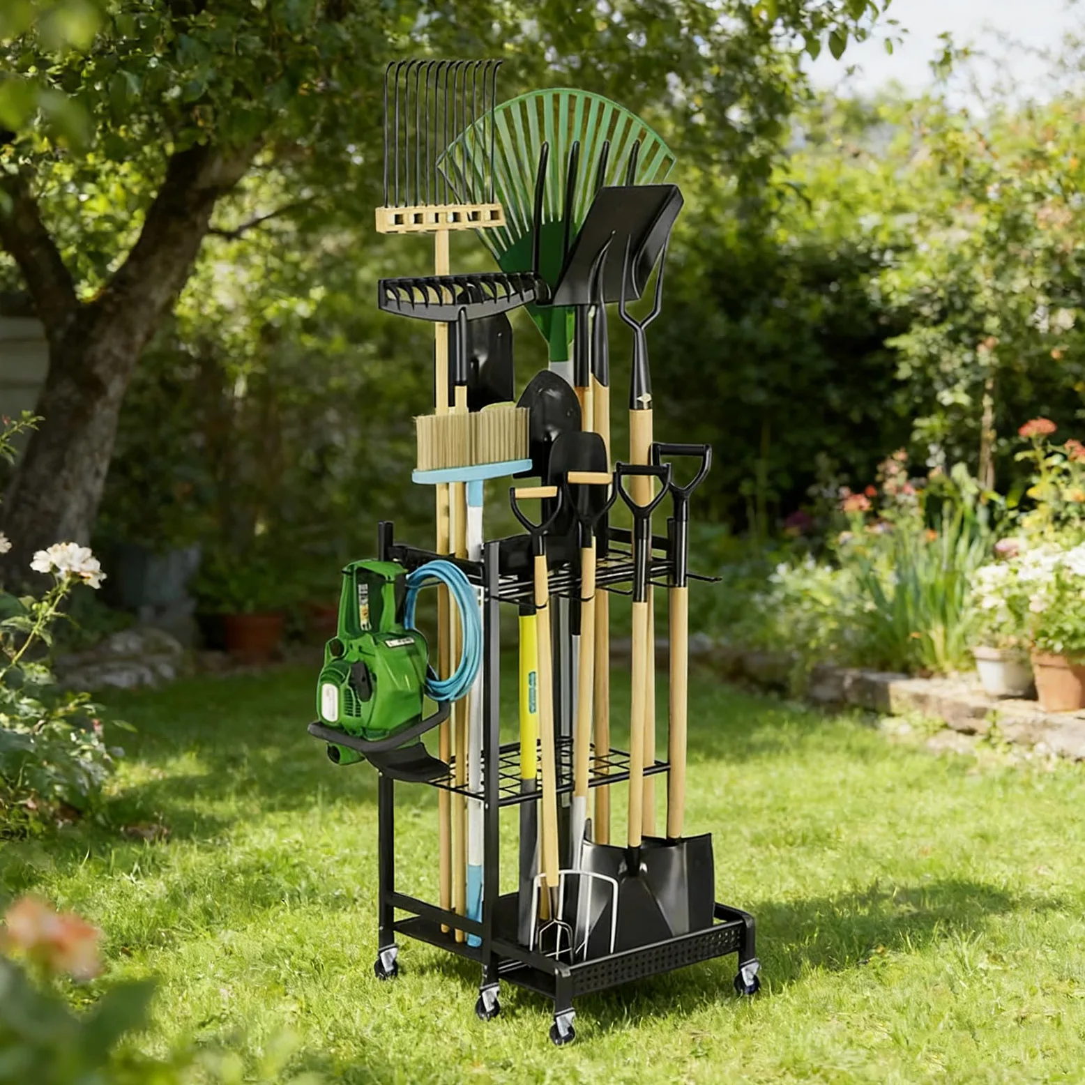 Porte-outils de jardin avec mouvement fluide, idéal pour ranger pelles, râteaux et accessoires de jardin, chariot à outils de jardin robuste