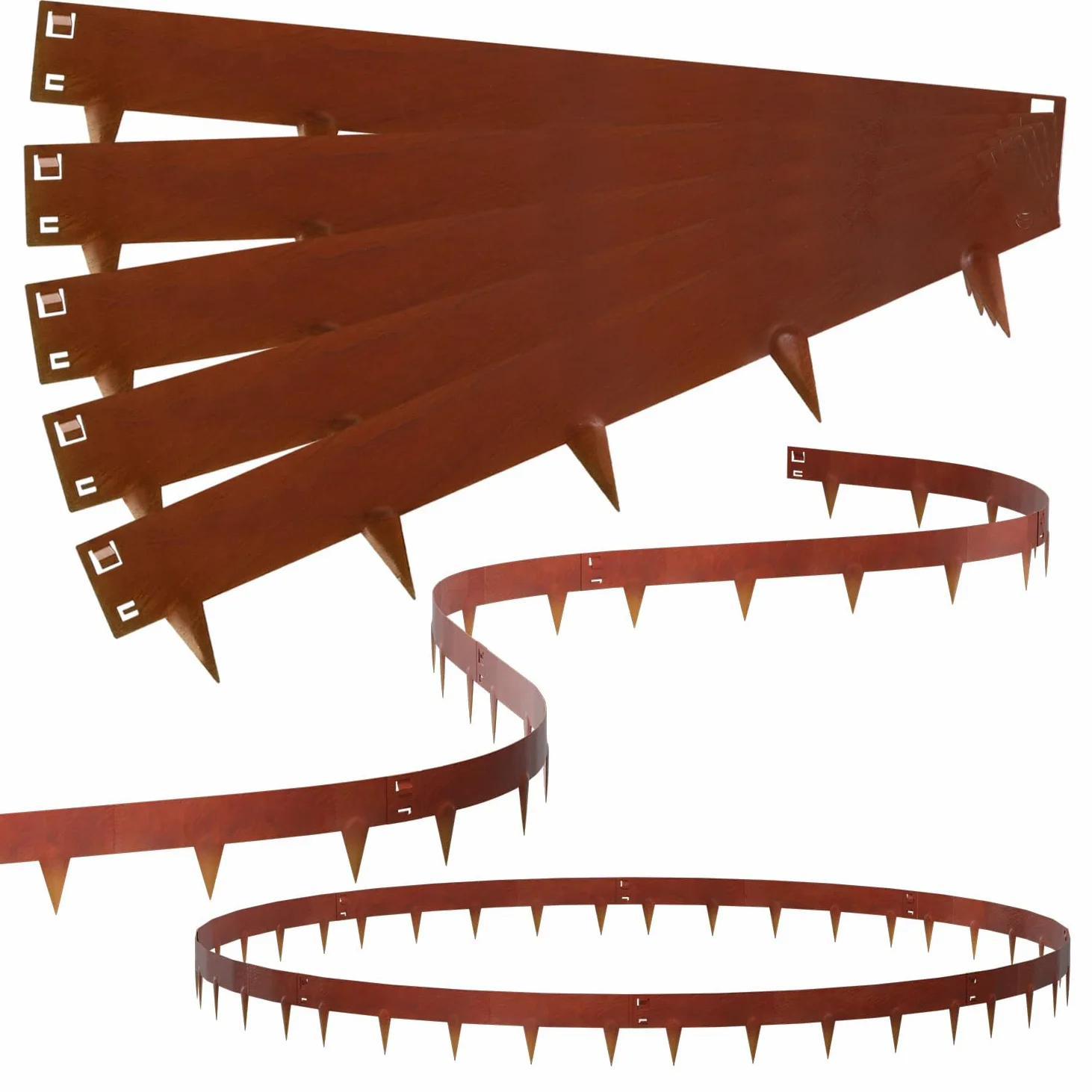 Bordure de pelouse avec épines, bordure de pelouse en métal 106 x 18 cm - Bordure de parterre flexible résistante aux intempéries - Corten rouille (longueur 45 m, hauteur 15 cm)