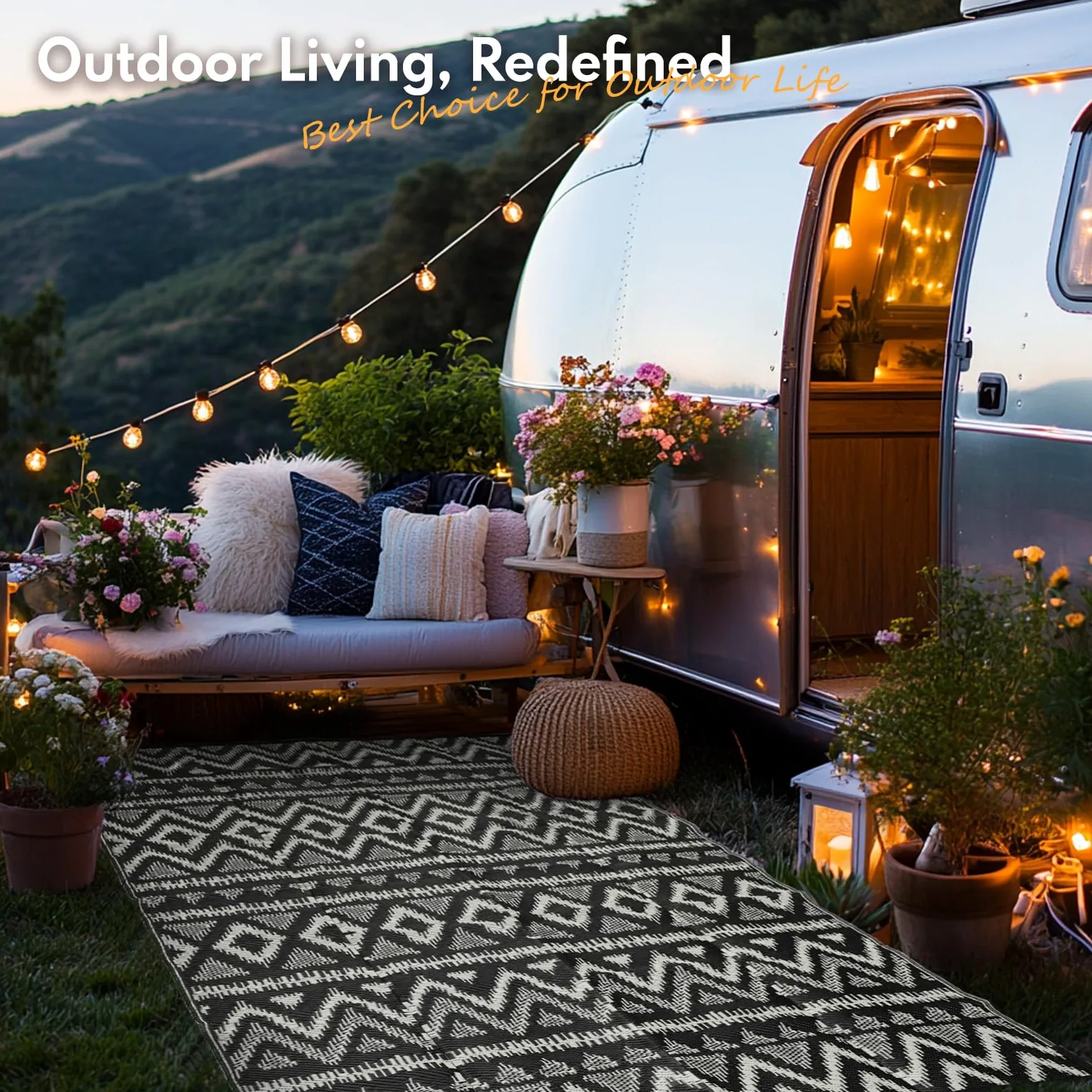 Tapis d'extérieur imperméable de 2,7 x 5,5 m, Tapis réversible en Paille en Plastique, Facile à Nettoyer, Tapis Portable pour Patio, Camping-Car, terrasse, Balcon, Jardin, Pique-Nique, Plage, Diamant