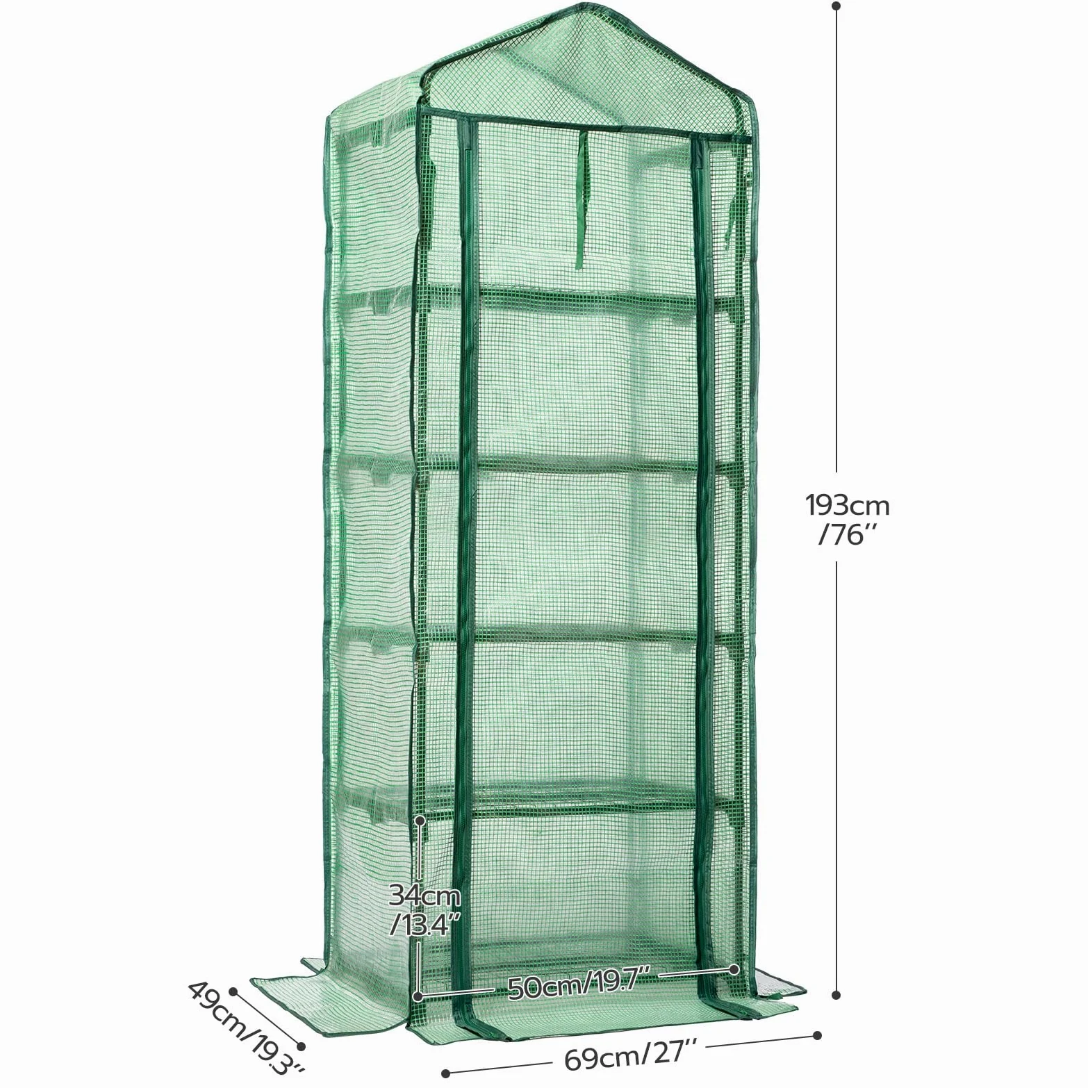 LARMNEE Mini Serre de Jardin 5 Étagère Grillagées, Cadre métallique et 140 g/m² PE Film Amovible, Porte Enroulable, Stable, Intérieur, Balcon, Terrasse, Jardin, 69 x 49 x 193 cm, Vert EGN05GH02