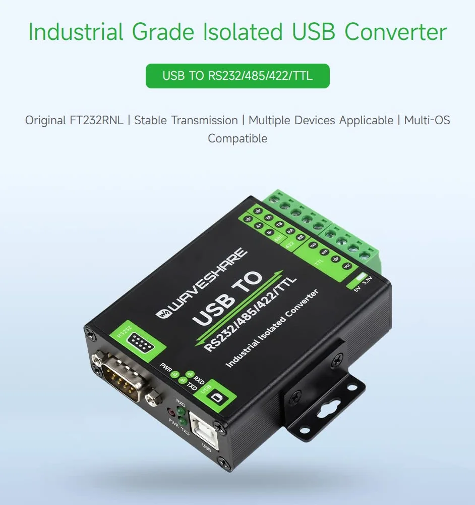 Waveshare FT232RNL USB to RS232/485/422/TTL Interface Converter Industrial Isolation