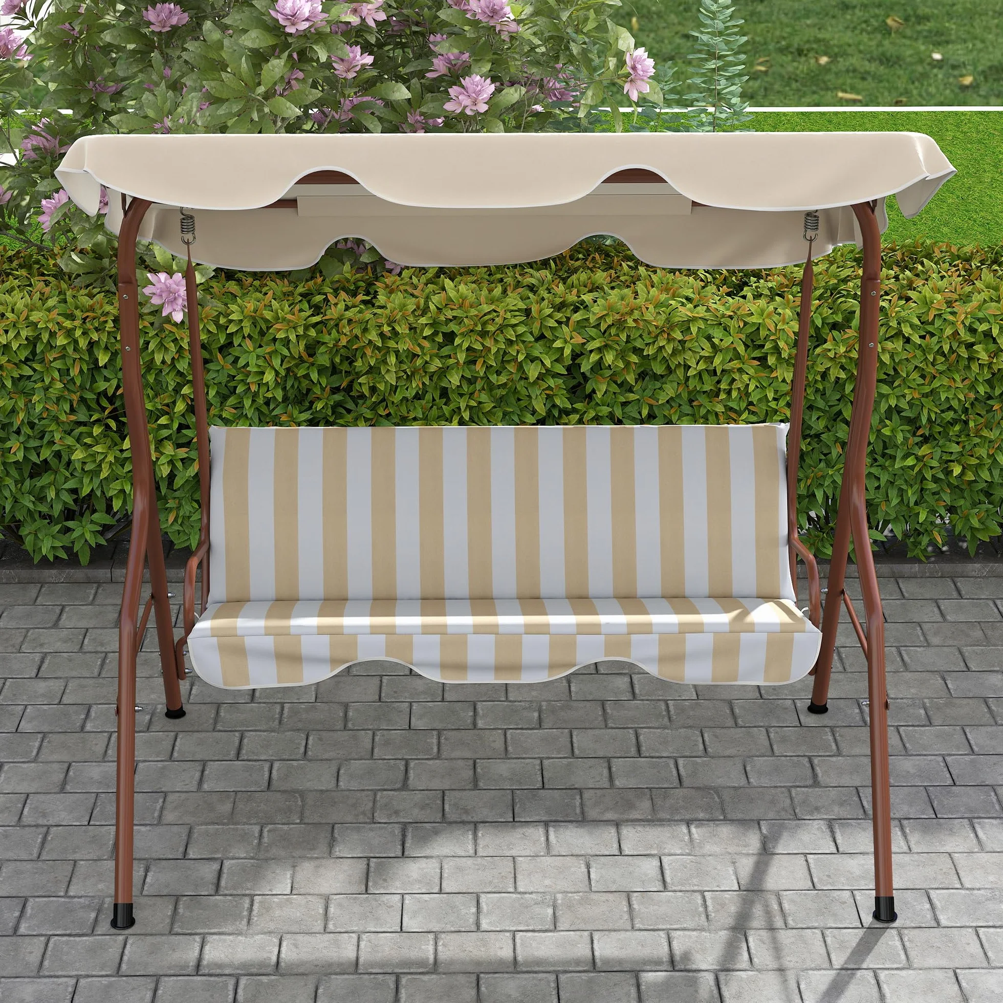 Outsunny Balancelle de Jardin 3 Places Toit imperméabilisé Inclinaison réglable Acier Polyester Marron crème rayé