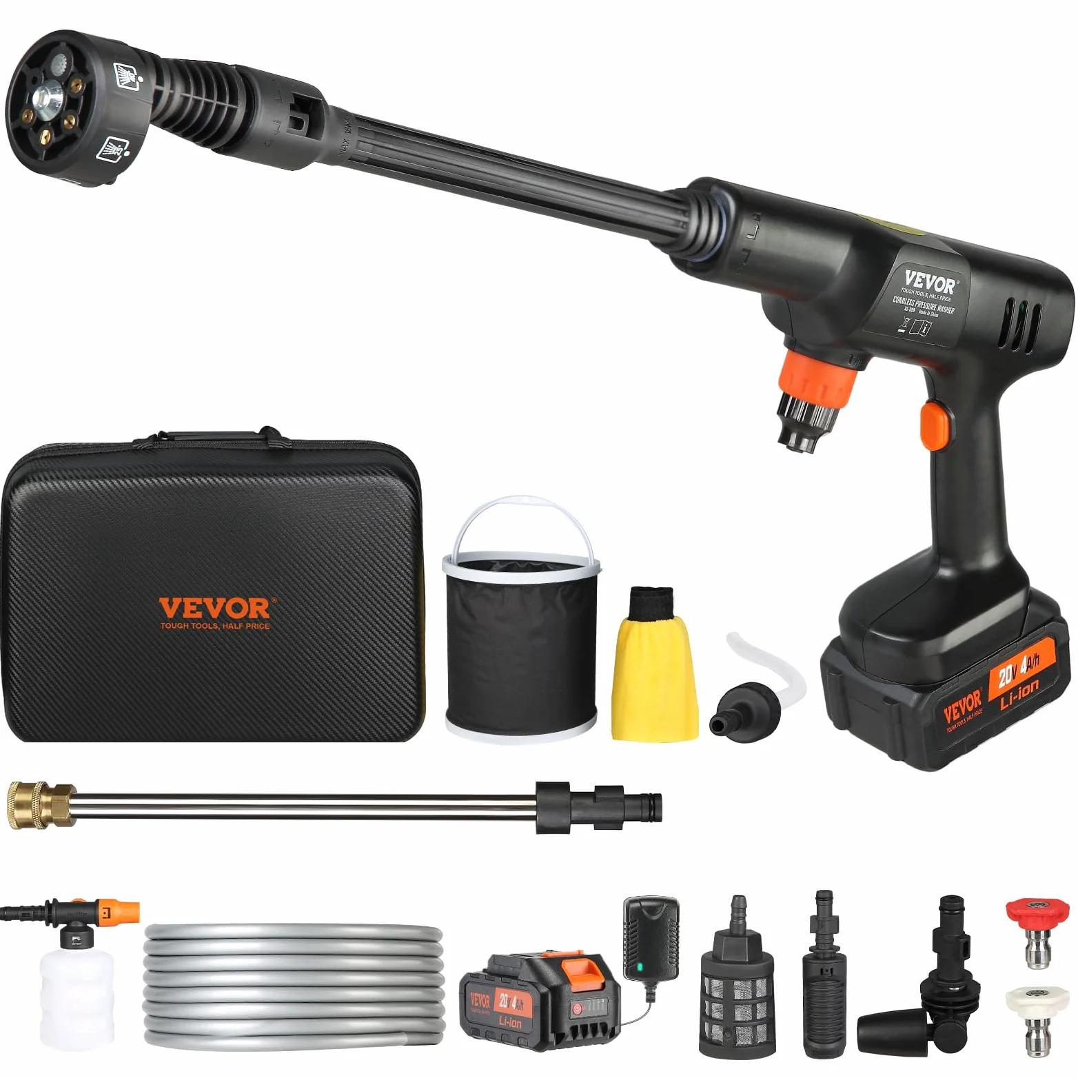 VEVOR Nettoyeur Haute Pression sur Batterie sans Fil 21 V Nettoyeur Haute Puissance Portable 652 PSI 50 bar Laveuse Électrique 3,5 L/min Batterie 4,0 Ah Chargeur pour Nettoyage Terrasse Jardin Voiture