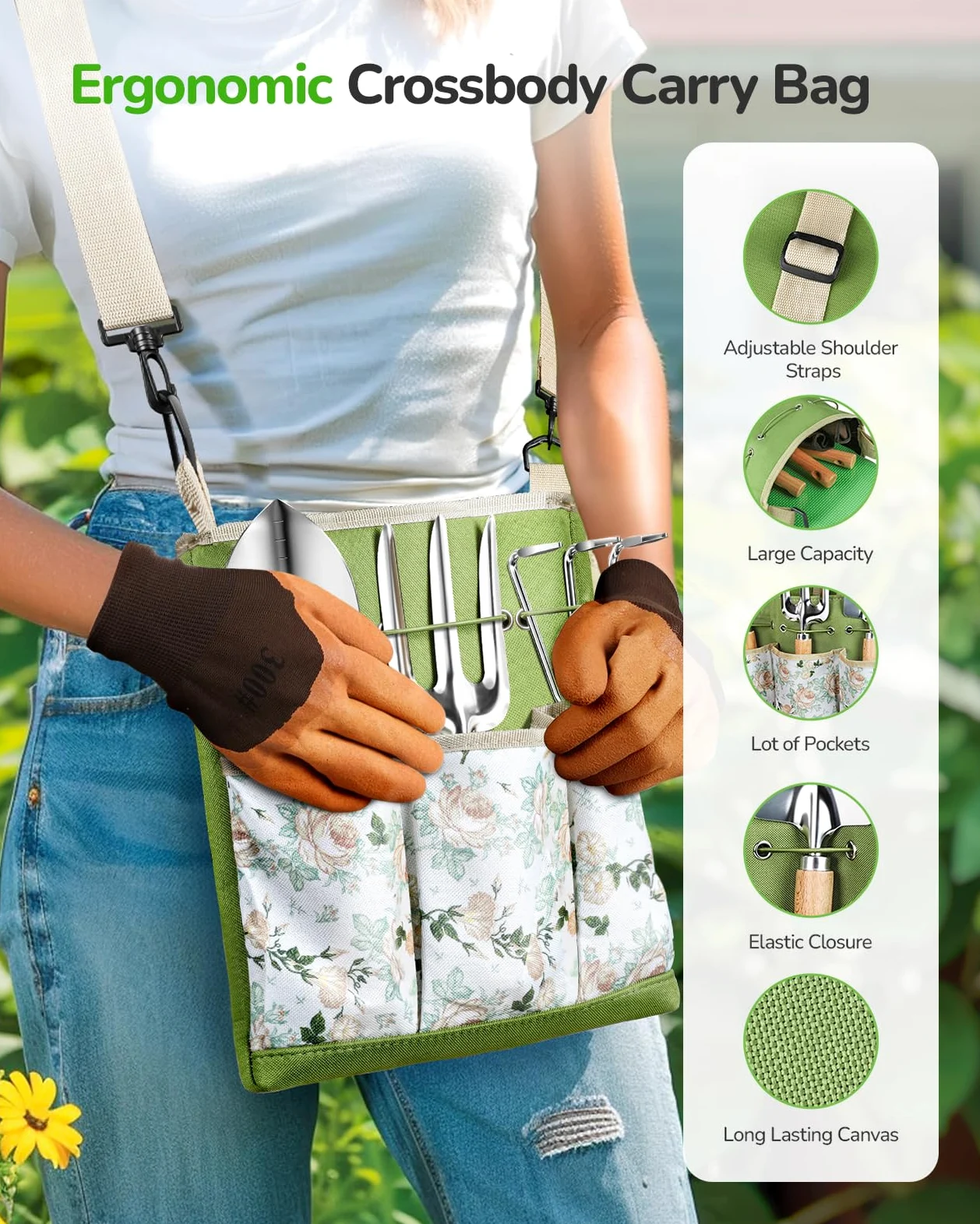 Grenebo Ensemble d'outils de jardin tout-en-un, 11 pièces d'outils de jardinage robustes avec sac à bandoulière ergonomique en toile, kit d'outils de jardin de qualité supérieure, cadeau de jardinage