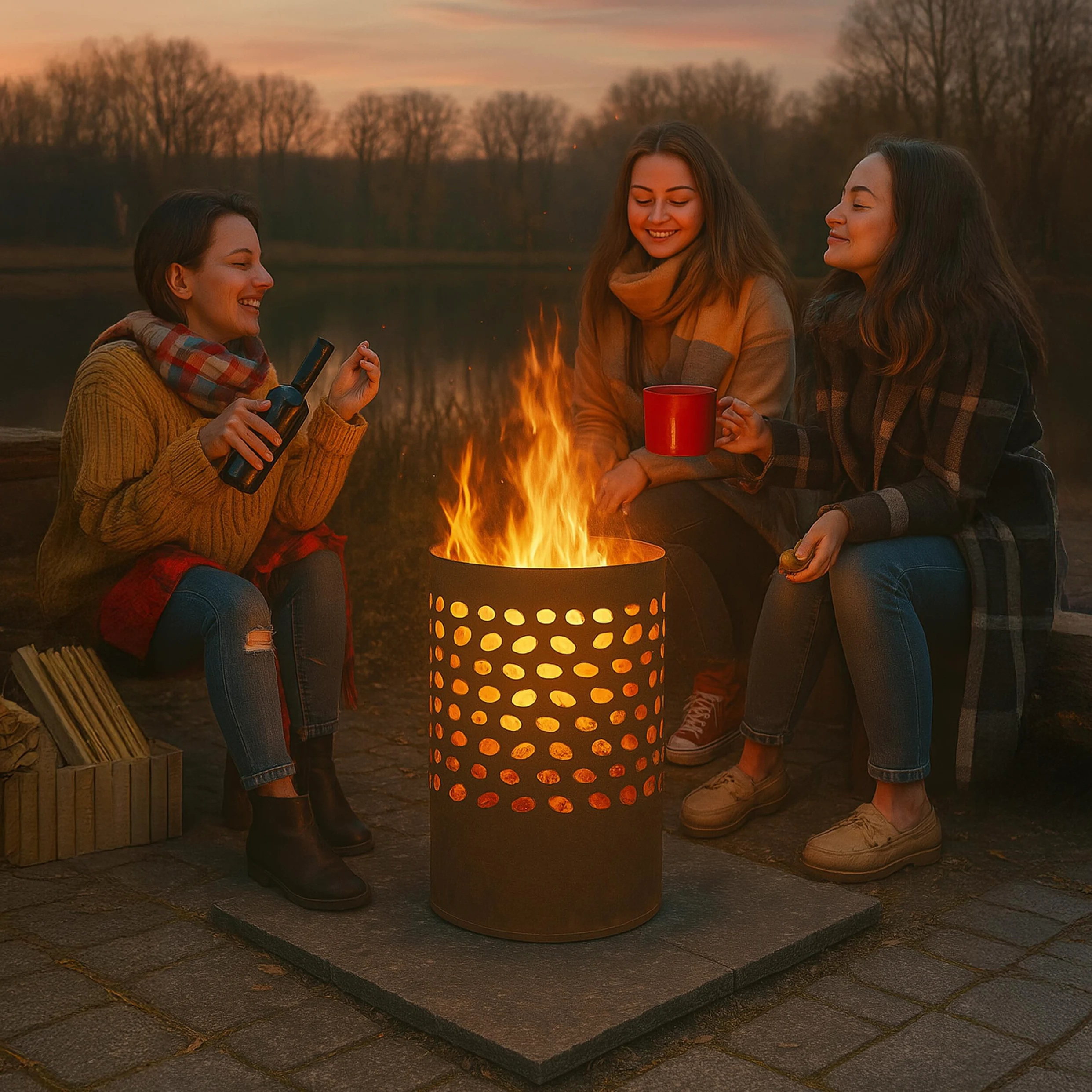 Relaxdays Brasero avec Pare-étincelles, tisonnier et Grille de Foyer, extérieur, H x D : 60x37 cm, Acier Corten, Marron