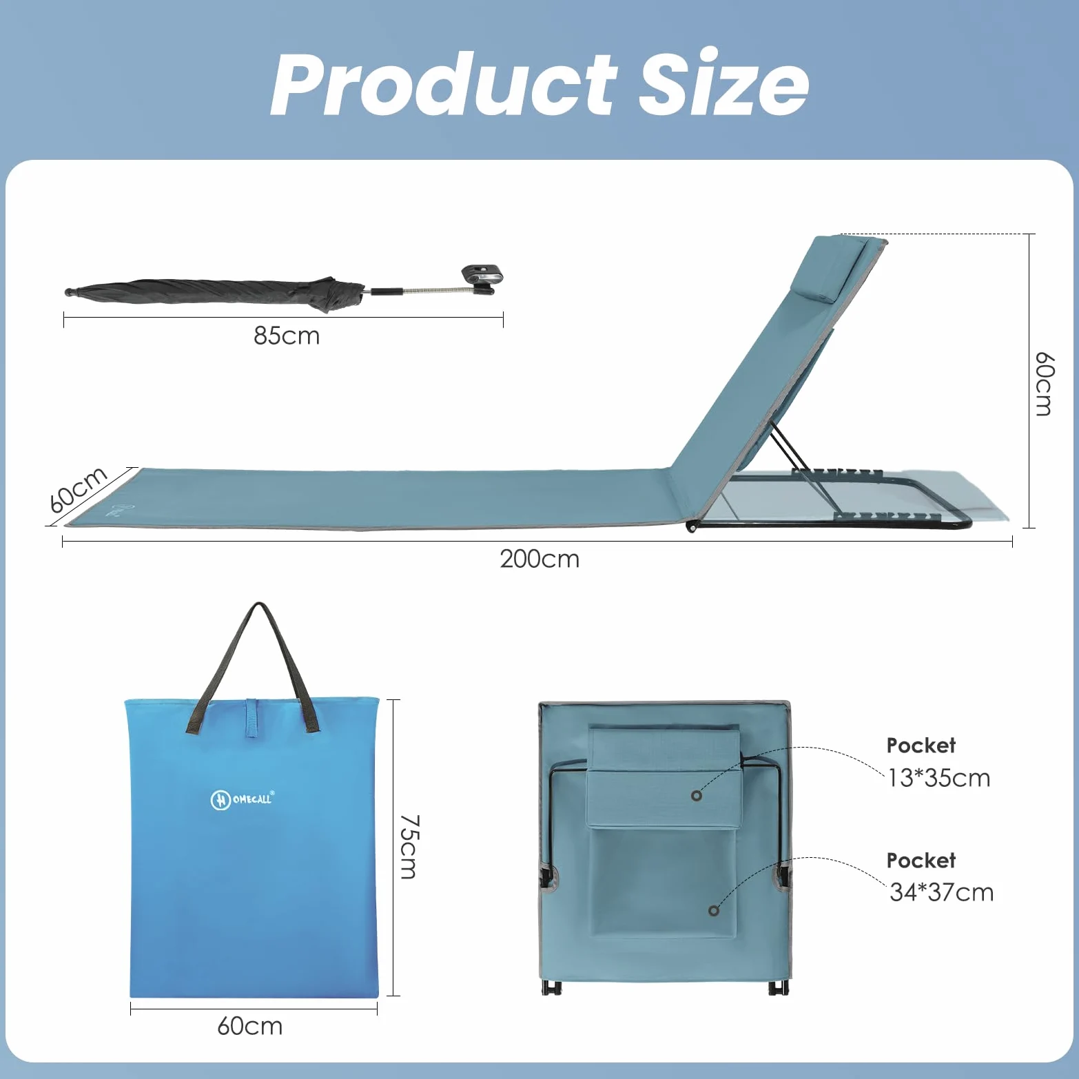 Homecall Matelas de plage rembourré à séchage rapide avec parasol intégré, format XXL (Bleu)
