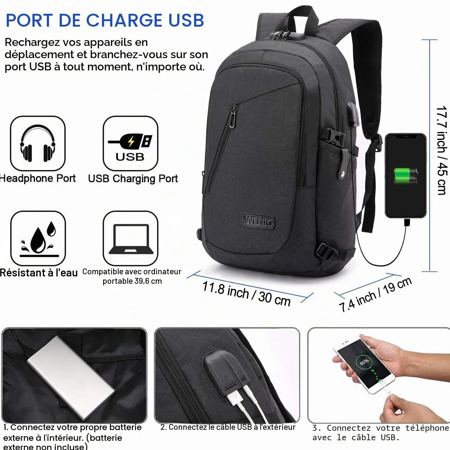 Antivol Sac à Dos Ordinateur Portable 15.6 Pouces Homme Imperméable USB Charging Port Sac à Dos D'affaires Noir