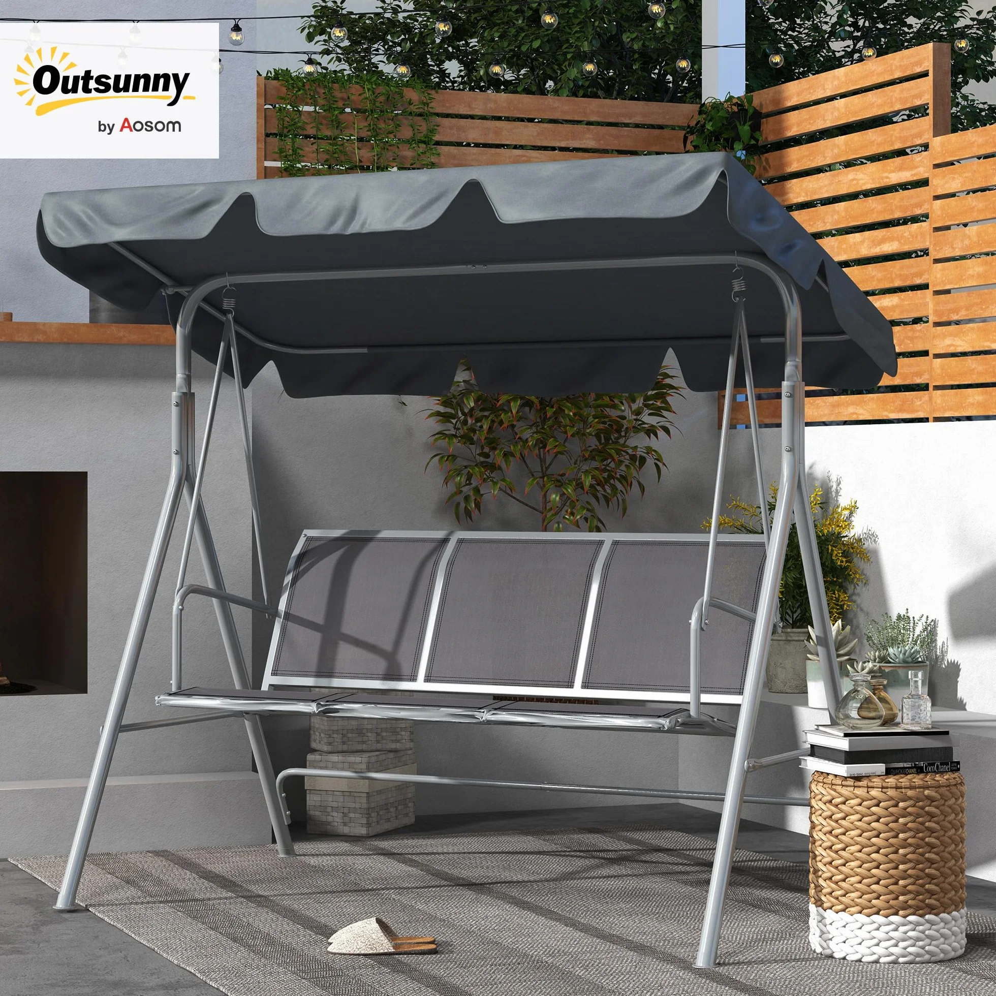 Outsunny Balancelle de Jardin 3 Places Toit imperméabilisé Acier Gris