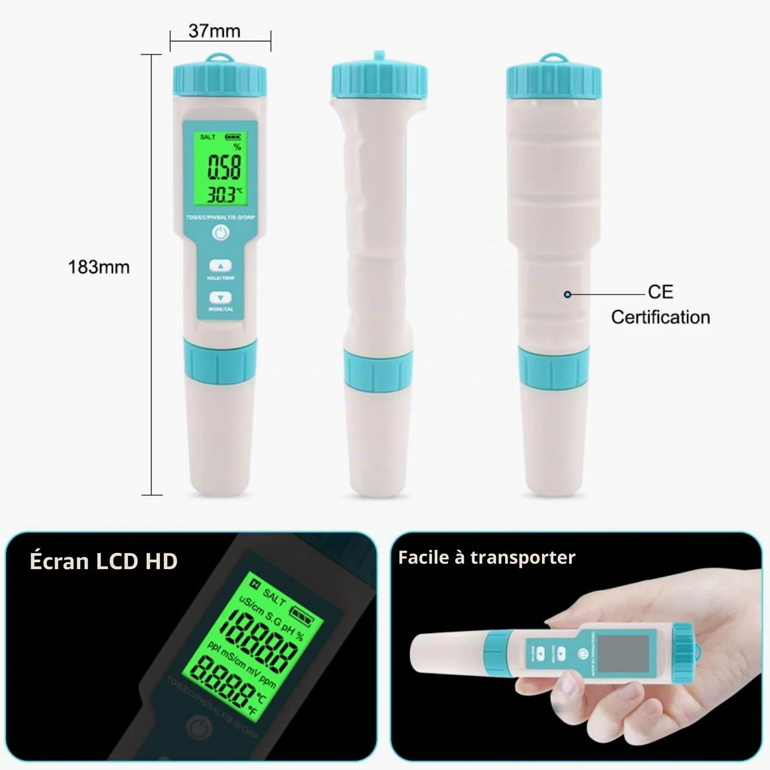 Testeur De Qualité de L'eau, Testeur PH Mètre 7 en 1 et PH/TDS/SALT/ORP/S.G/TEMP/EC, PH-mètre Avec Écran LCD, Pour Eau Potable, Piscine, Aquariums, Hydroponie #A