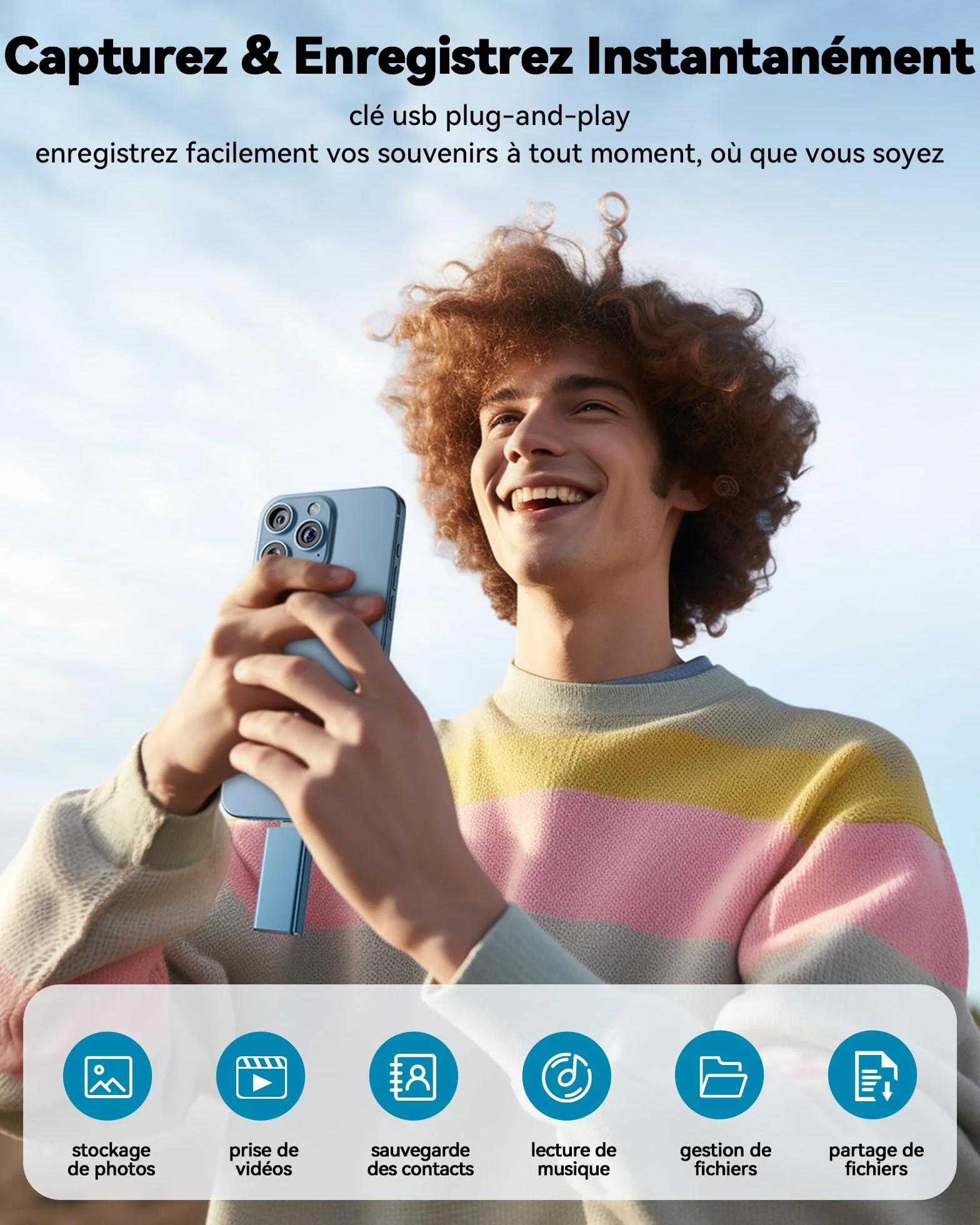 SUDEHO Clé USB iPhone MFI Certifié 256 Go 4 en 1 USB C Photo Stick Mémoire Externe Bleu