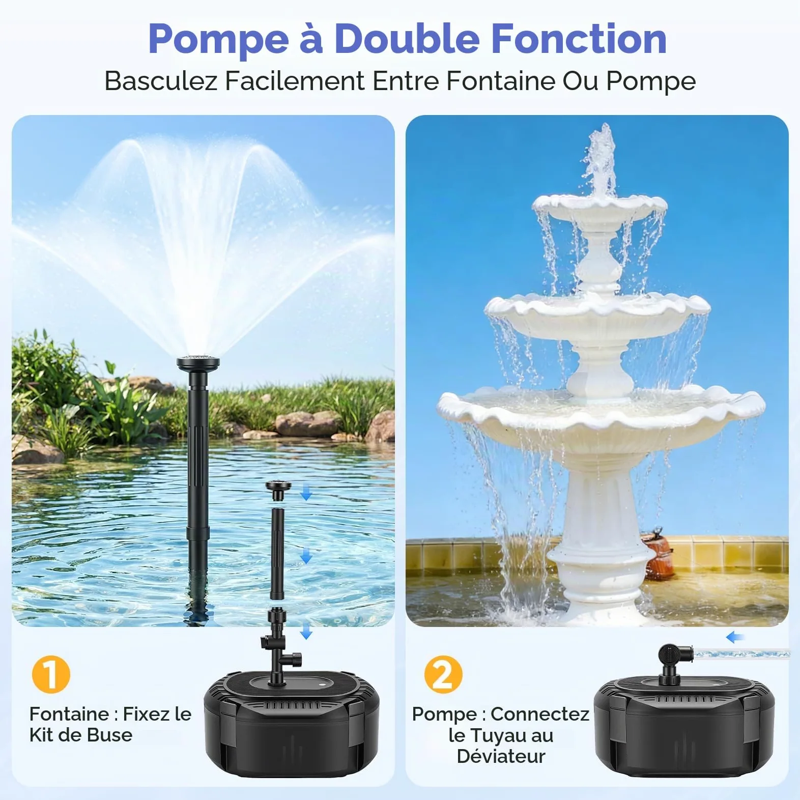 Pompe de bassin avec filtre 3000 l/h - Kit complet de filtre de bassin avec pompe 40 W, 3 buses à ressort (cloche/volcan/marguerites), filtration à plusieurs niveaux pour eau claire - Pompe