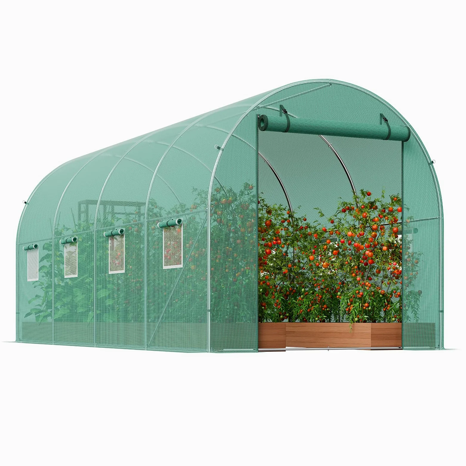 VEVOR Serre Tunnel Jardin, 445x194x192 cm, Tente Abri Plantes avec Cadre en Acier Galvanisé, Couverture en PE Verte, Porte à Glissière Enroulable, 8 Fenêtres, pour Extérieur Cultiver Légumes Fleurs