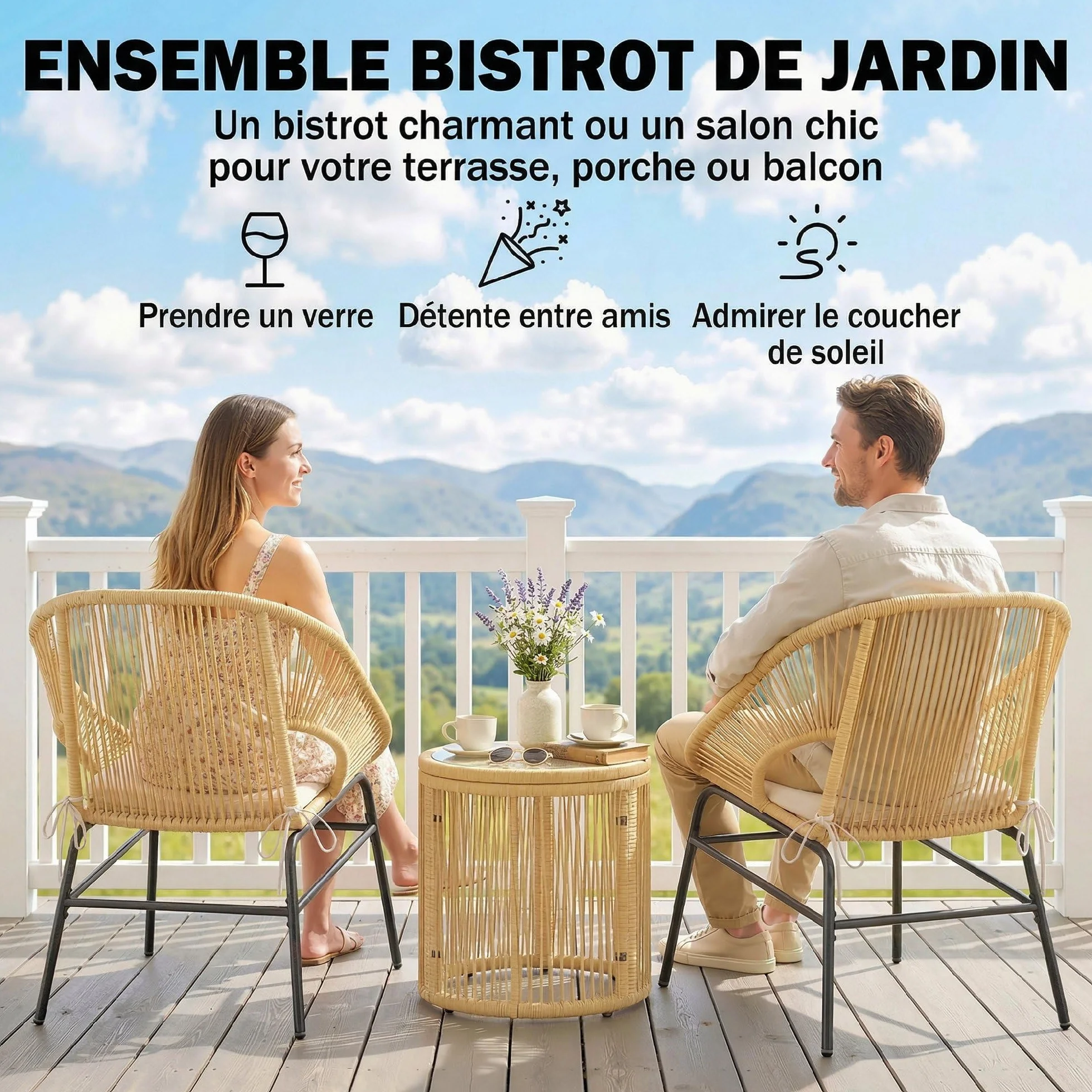 Outsunny Ensemble Bistro 3 Pièces Résine Tressée Salon Balcon 2 Fauteuils Table Verre Trempé Beige