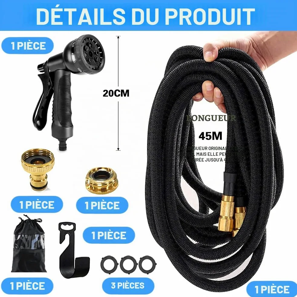 Tuyau Arrosage Extensible,Tuyau Arrosage 45M,Tuyaux D'arrosage,8 Modes au Choix,Laiton 3/4' Et 1/2' Connecteur,Il est Utilisé Dans les Jardins,Les Extérieurs,Les Cours