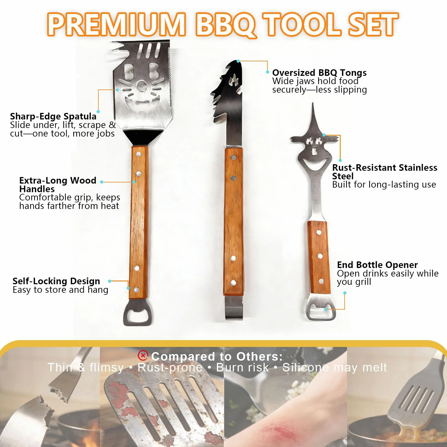 Ensemble d'Ustensiles de Barbecue Extra Longs en Acier INOX avec Poignée en Bois