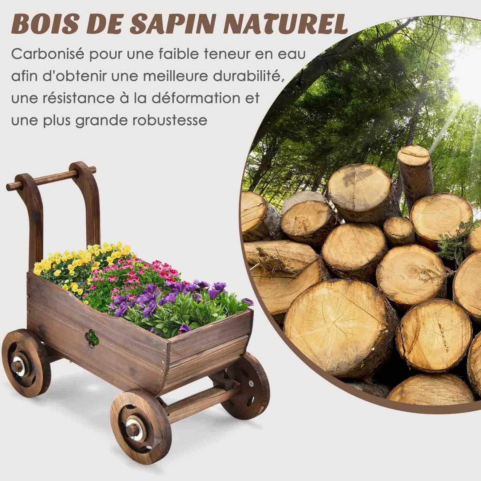 COSTWAY Brouette à Fleurs Jardinière en Bois de Sapin Carbonisé à Roues, Jardinière de Jardin avec Poignée et Trou de Drainage Charge 20KG, pour Patio Jardin Cour, 68 x 38,5 x 53,5 cm