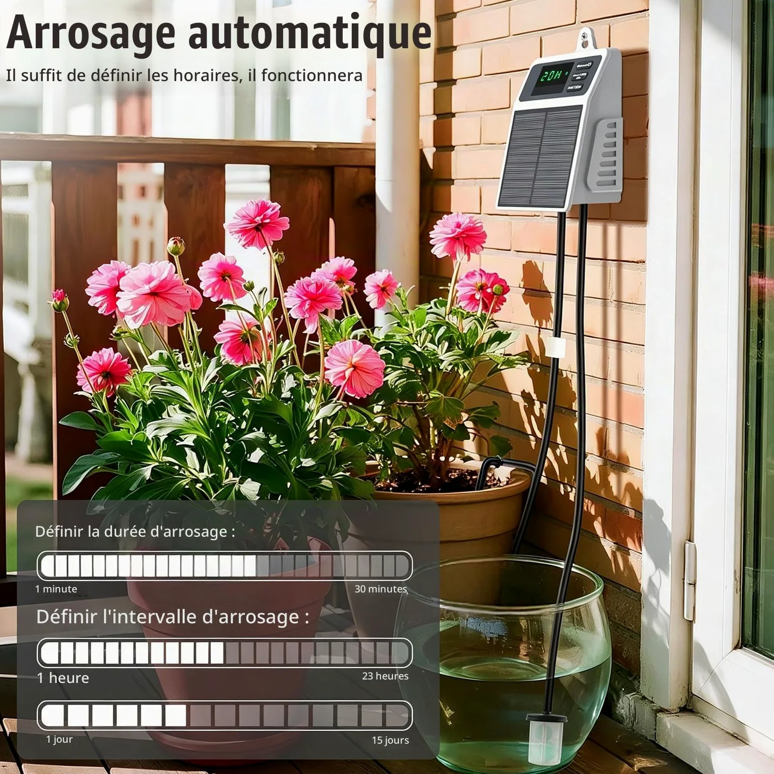 Système d'arrosage automatique solaire goutte à goutte avec tuyau d'arrosage de 10 m | Pompe d'arrosage automatique pour jardin, plantes en pot, serre, terrasse, intérieur et extérieur