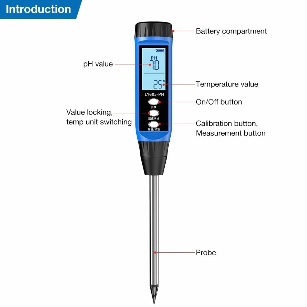 Testeur numérique de pH du sol, capteur d'humidité de haute précision pour jardin et ferme, écran LCD testeur avec compensation de température, outil de mesure rapide pour l'agriculture (605)