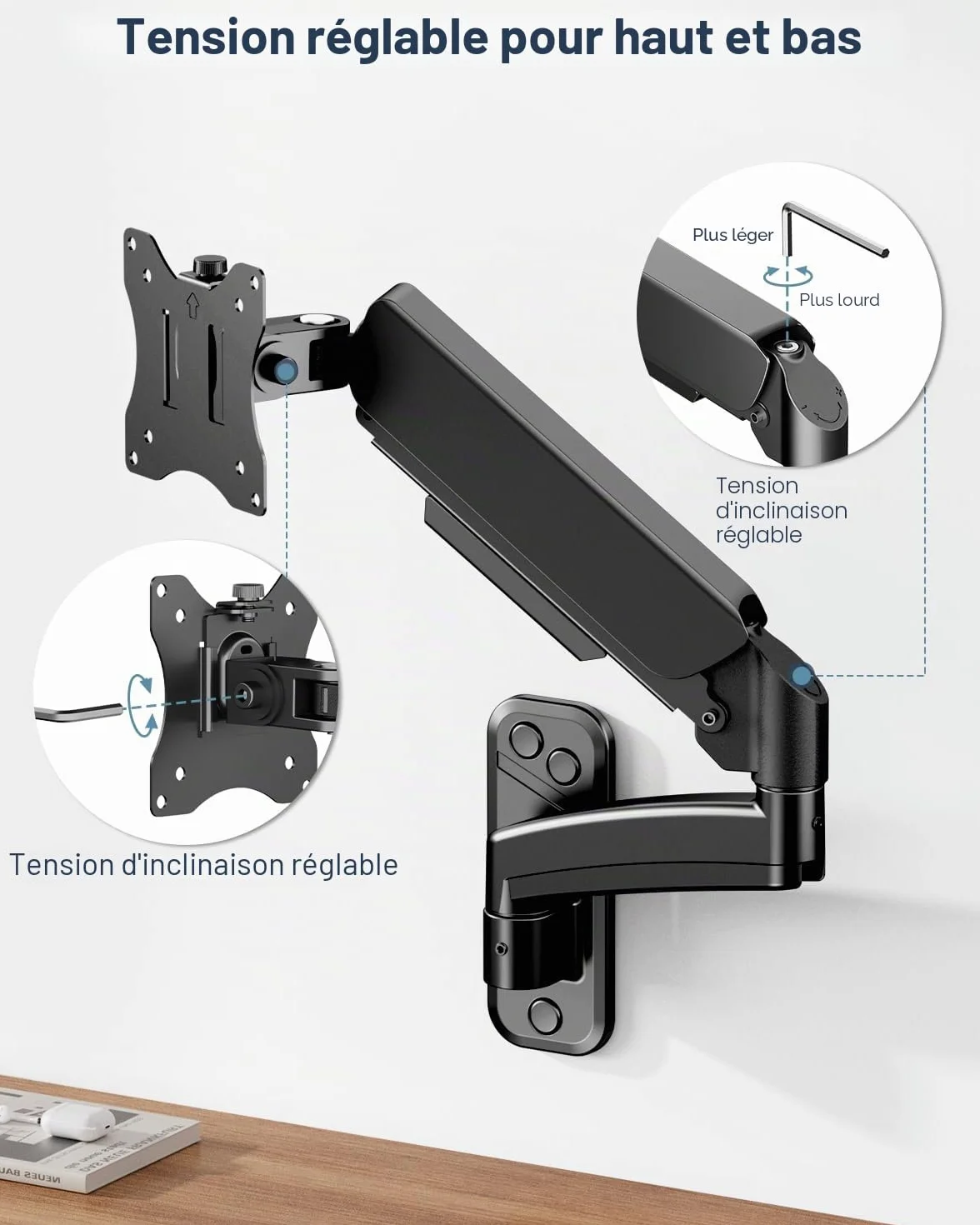 WORLDLIFT Support Mural Moniteur PC 17-32" Bras Ergonomique Réglable 9 kg VESA 75x100 mm