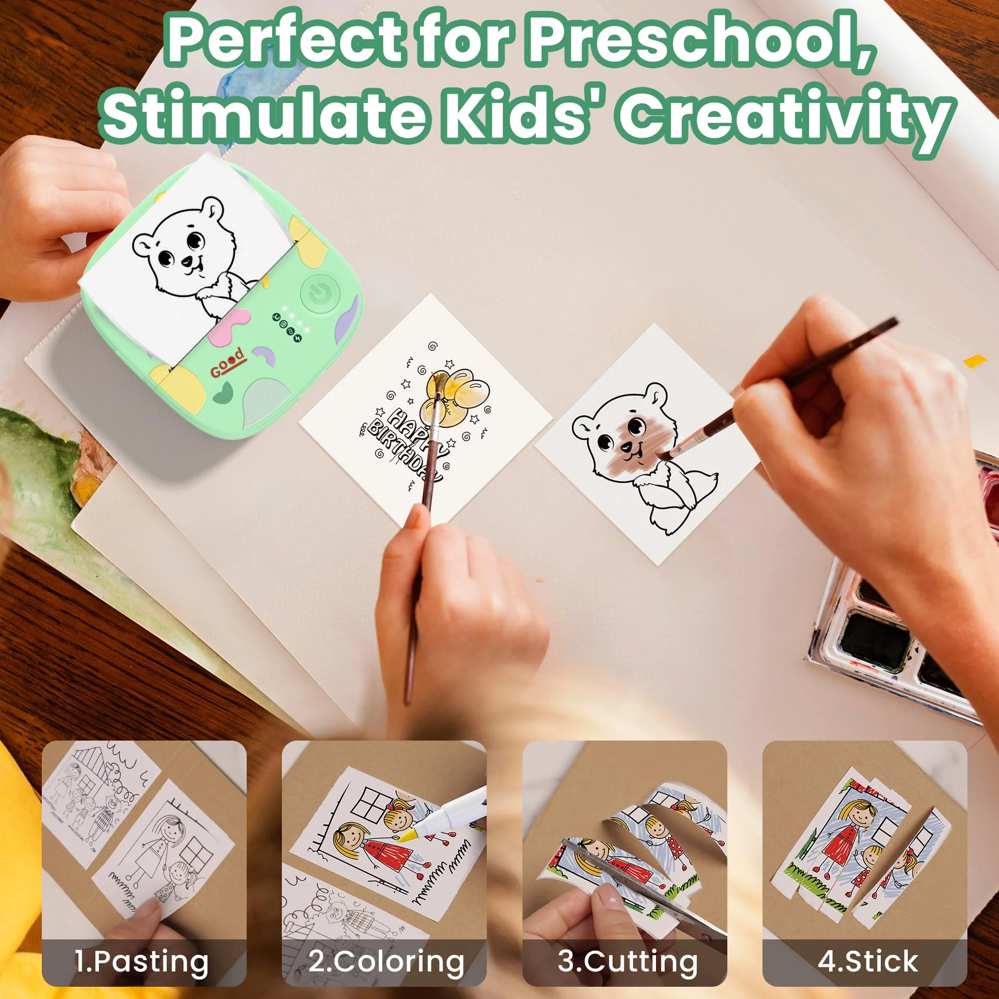 Imprimante Thermique Mini sans Encre Bluetooth Portable 3 Rouleaux Papier Vert pour Stickers Étiquettes DIY Enfants