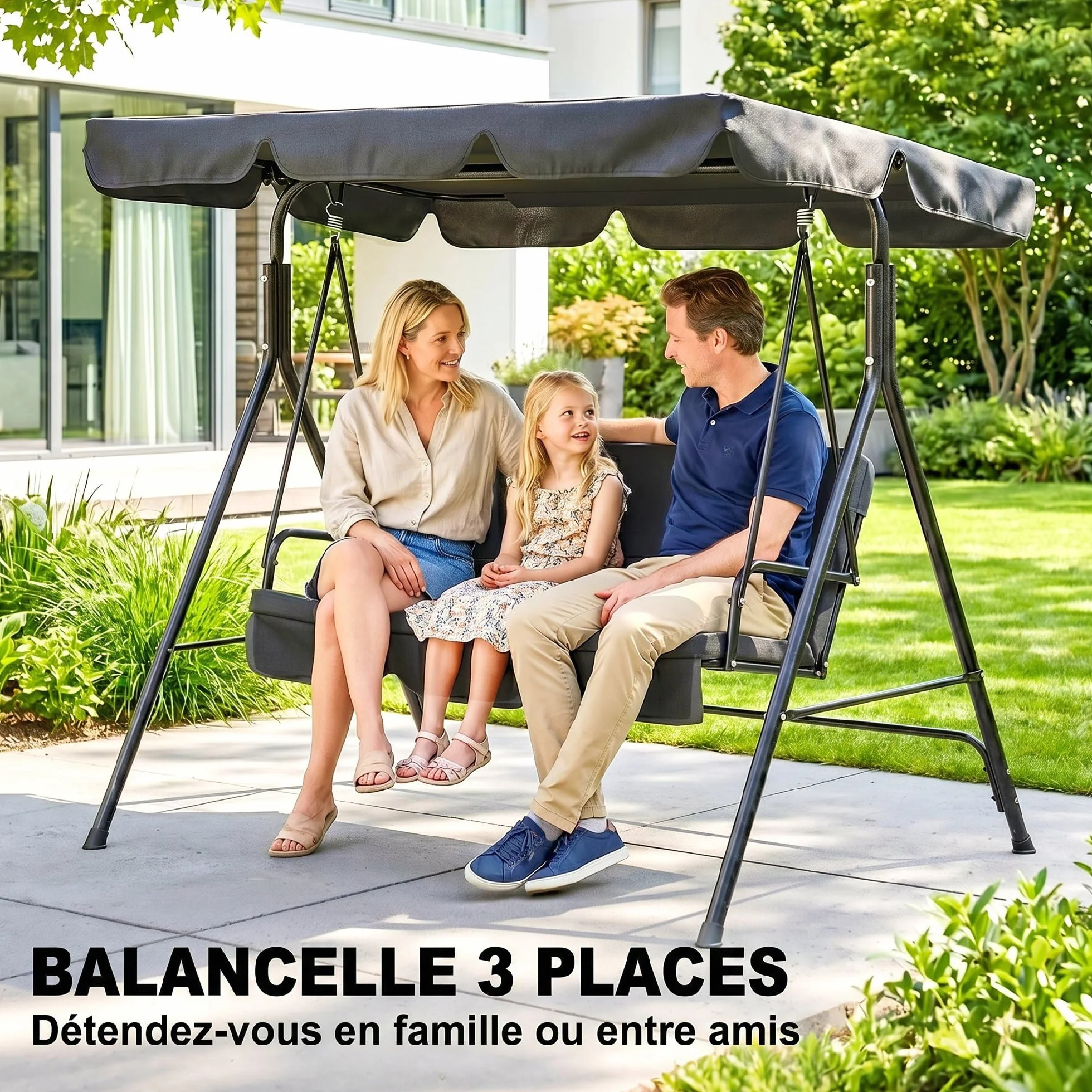 Outsunny Balancelle de Jardin 3 Places Toit Inclinaison réglable Acier Noir
