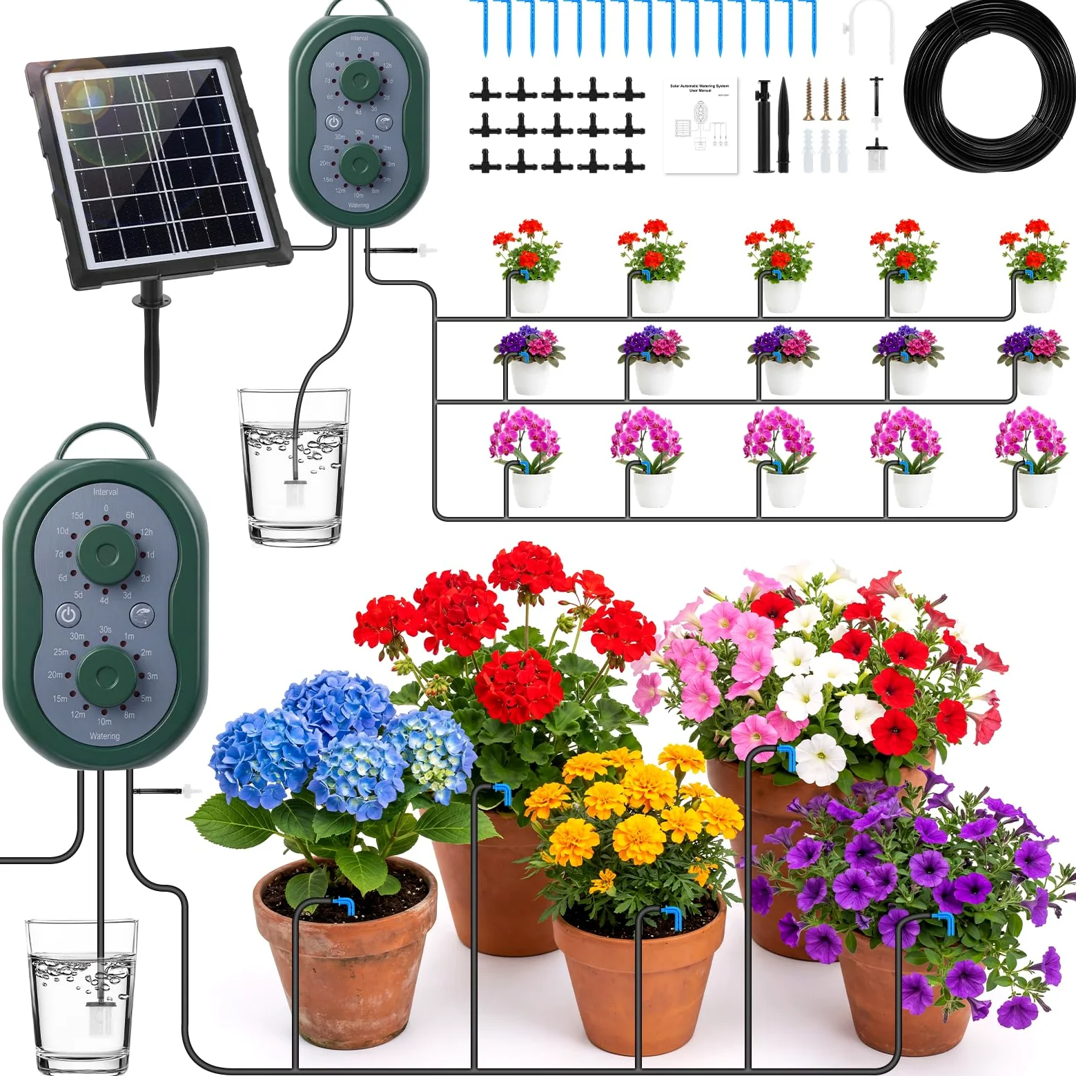 Arrosage Goutte a Goutte Solaire, Kit D'irrigation Automatique Solaire 3W, Arrosage Système Automatique avec Minuterie Intégrée pour 15 Pots pour Intérieur et Exterieur Balcon Jardin Plante