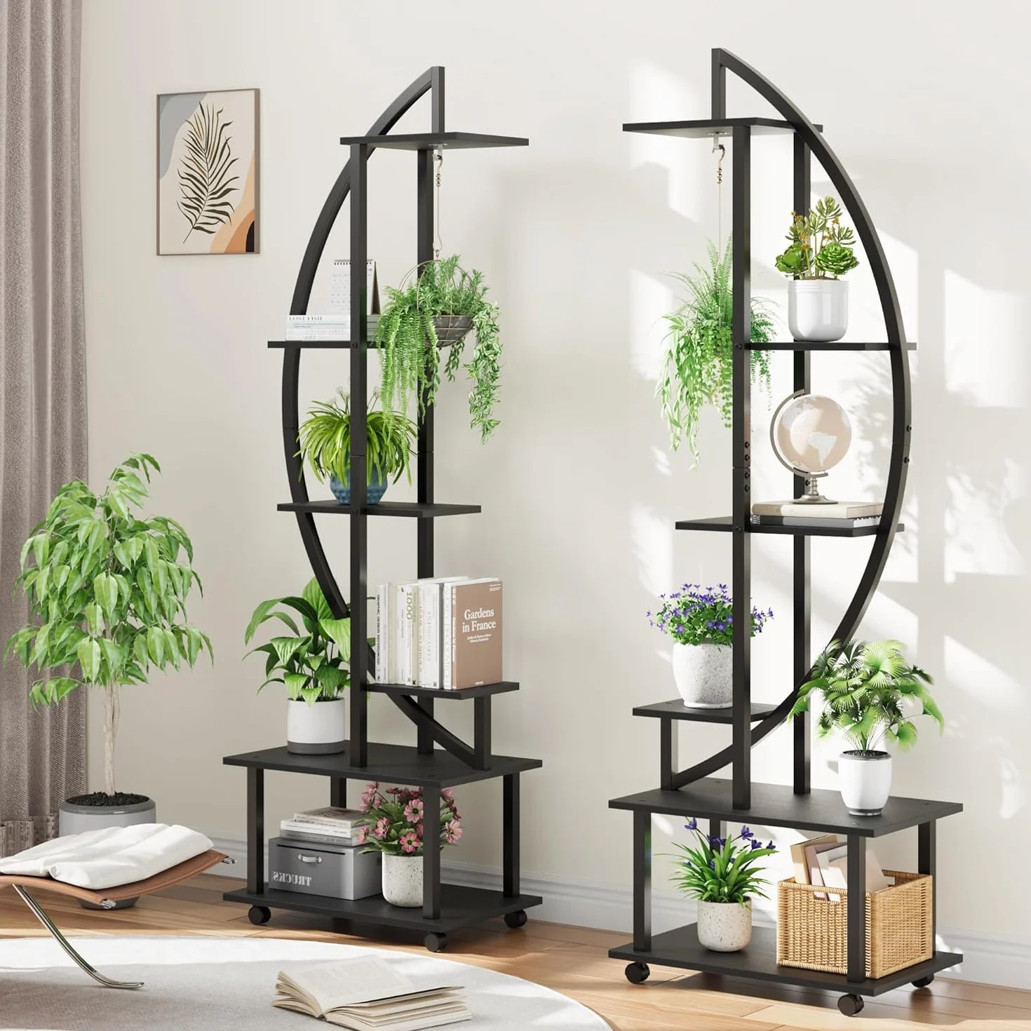 Supports pour Plantes d'intérieur 2 Pièces, 6 Niveaux 172 cm, Roulettes, Demi-Cœur, Métal-Bois, Noir