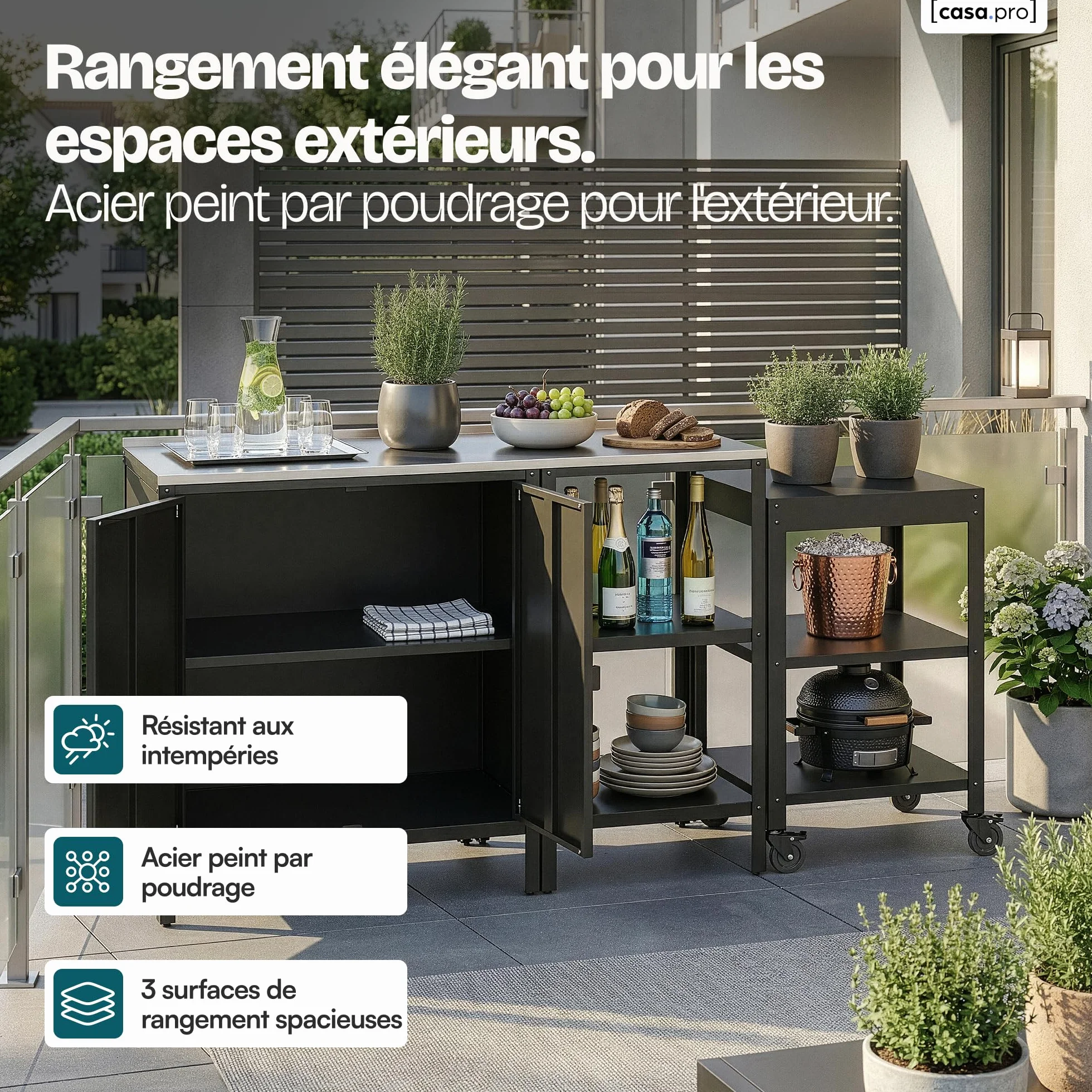 Ensemble de 3 Meubles Outdoor Bolognano Armoire d'Extérieur Chariot Barbecue Acier Noir Mat