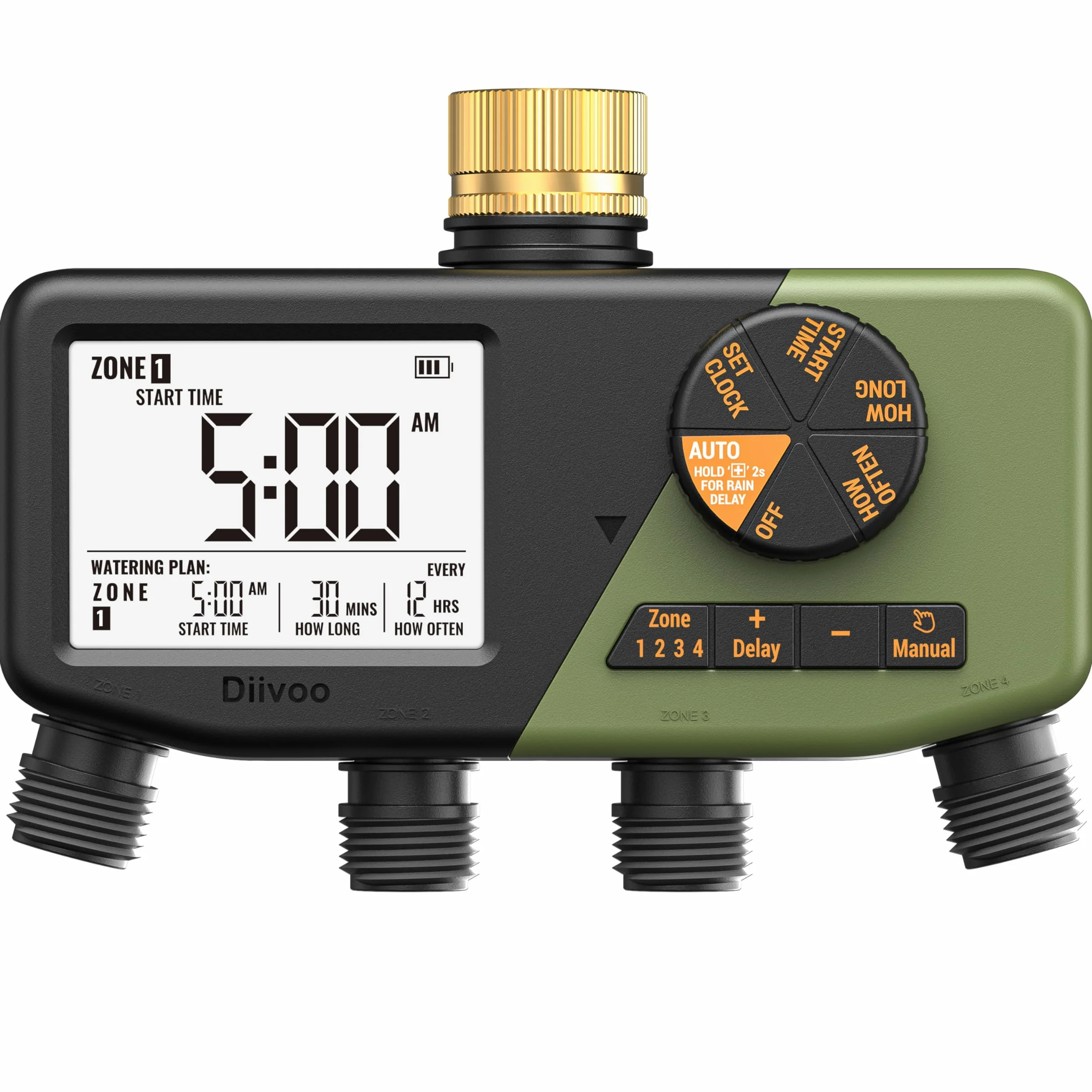 Diivoo IP68 Programmateur Arrosage 4 Voies avec Entrée en Laiton | Grand Écran LCD, Retard de Pluie, Arrosage Manuel/ Automatique, Convient pour Jardin, Pelouse