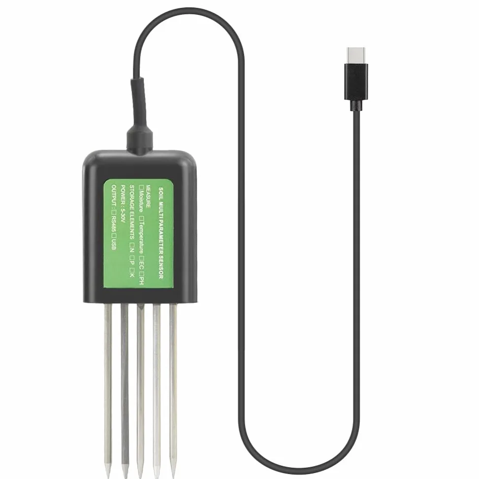 Bodenfeuchtesensor USB 8 en 1 avec PH/EC/Temperatur/Feuchtigkeitsmessung, IP68 wasserdichtes Epoxidharz und Metallsonde, kompatibel mit Android, noir