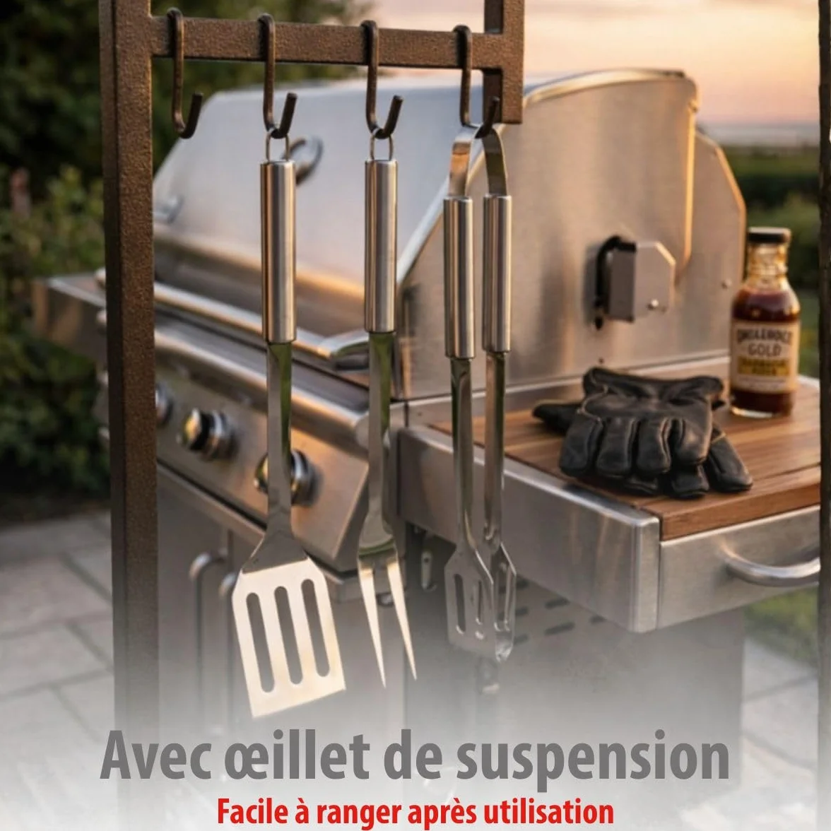 Alpina Kit Barbecue Ustensiles 3 Pièces - Pince et Spatule Acier Inoxydable - Fourchette à Viande Argent