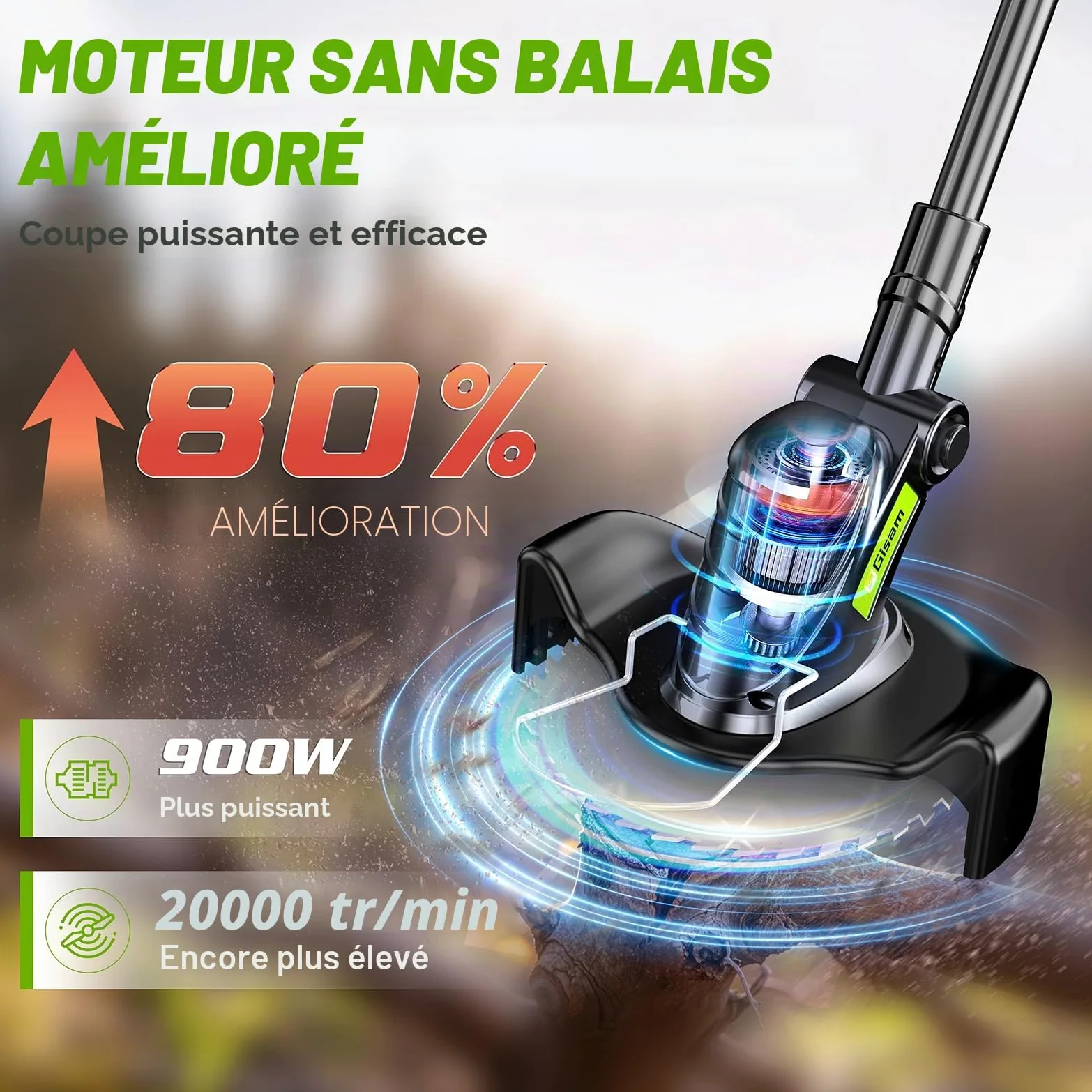 Tondeuse à Gazon avec Batterie,8" Débroussailleuse sans balais avec 2x4.0AH de Batterie, Coupe-Bordure de Jardin avec 3 Types de Lames, Roues Amovibles, Réglage télescopique pour Gazon Jardin