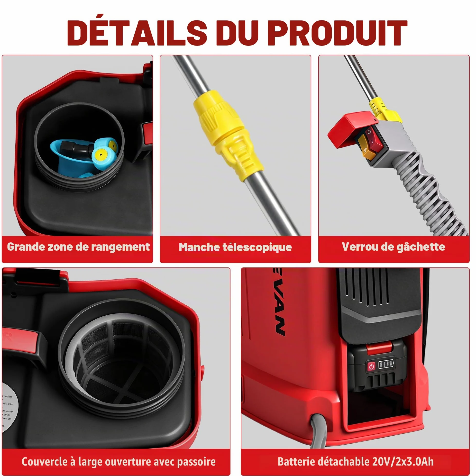 ONEVAN Pulvérisateur Électrique 20L Fonction Agitateur 5 Buses & 2 Batterie | 0-100 PSI Réglable, lance télescopique jusqu'à 41", 20 réservoirs, 5 buses, système de mélange intégré pour plus d'efficacité