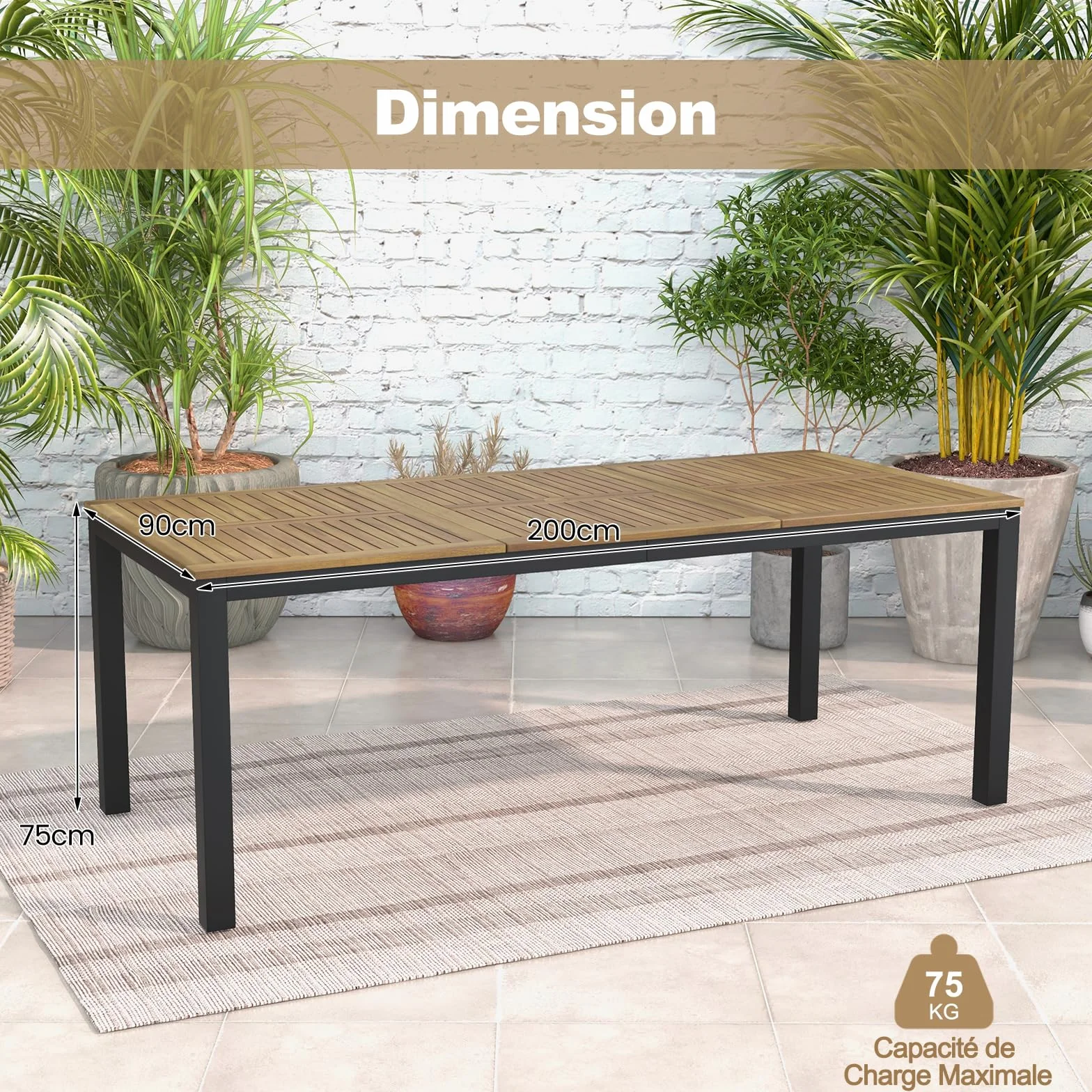 COSTWAY Table de Jardin 200 CM 8 Personnes, Table Exterieur en Bois d’Acacia avec Trou de Parasol, Pieds Métal