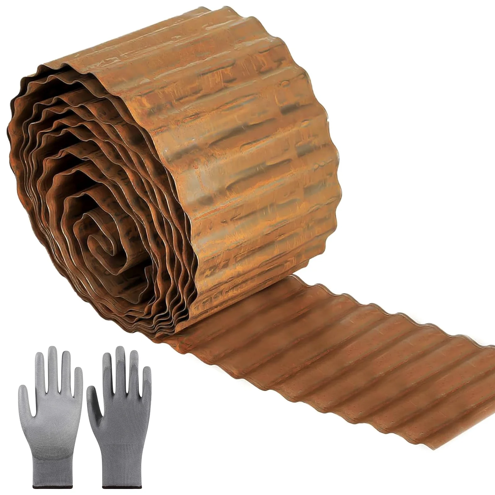 Bordure de pelouse en métal - 10 m x 14,5 cm de haut - En acier Corten - Aspect rouille - Bordure de parterre pour bricolage - Avec 1 paire de gants - Bordure de pelouse en métal galvanisé pour jardin
