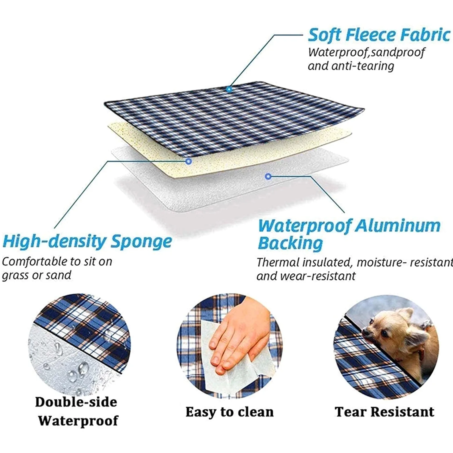 Couverture Pique Niques Imperméable, Portable Tapis Pique Niques, Nappe Picnic Natte de Plage pour Jardin Camping Extérieur (Color : Blue Grid, Size : 150x200cm)