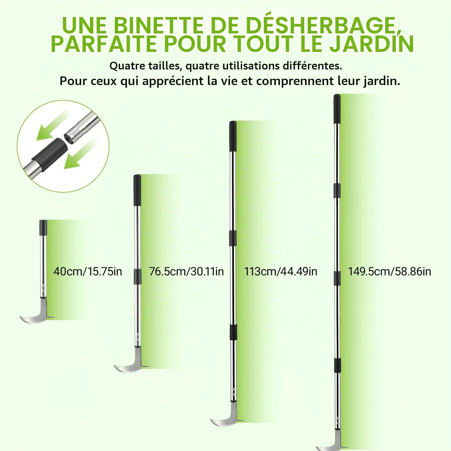 Outil de Désherbage avec Long Manche, 60-160 cm Désherbeur à Manche Long Réglables avec Bord Dentelé, Couteau Désherbeur Manuel en Acier Inoxydable pour Enlever la Mousse et Les Mauvaises Herbes